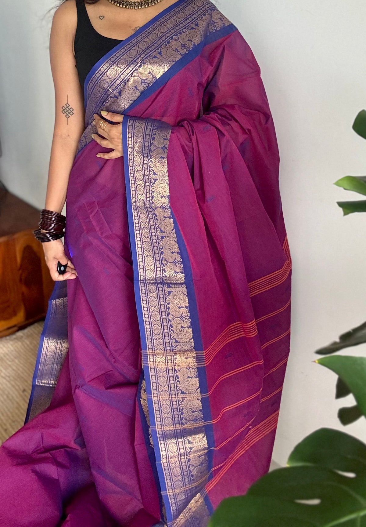 Purple pink with royal blue zari border chettinad cotton saree - YCCOTNCKSE15