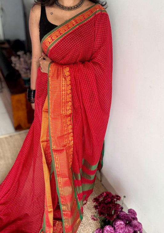 Red checks with zari border, premium narayanpet, soft cotton - YCWOTDFEBB11