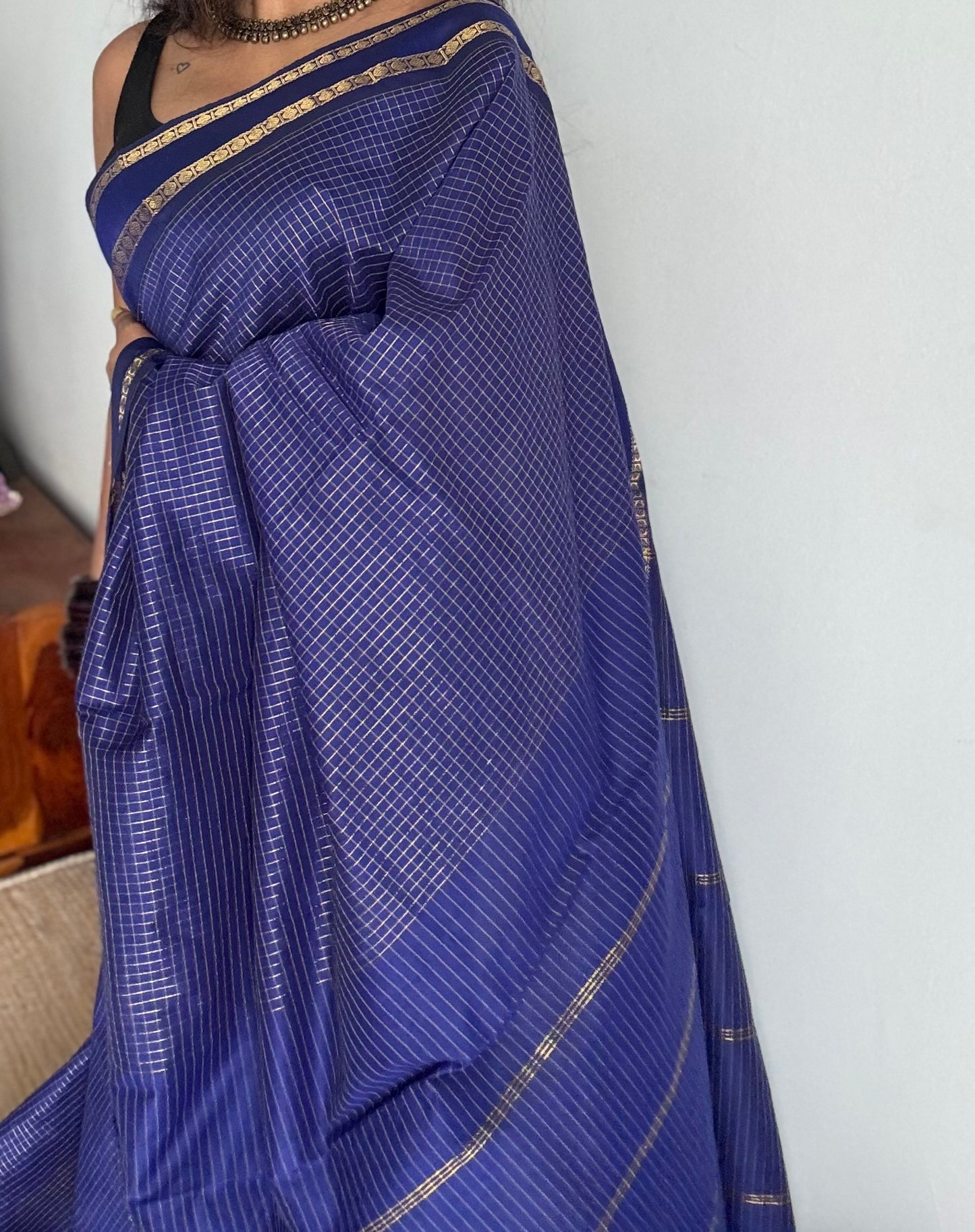Royal blue, arani zari checks saree, cotton silk - YCCOTNARFE49