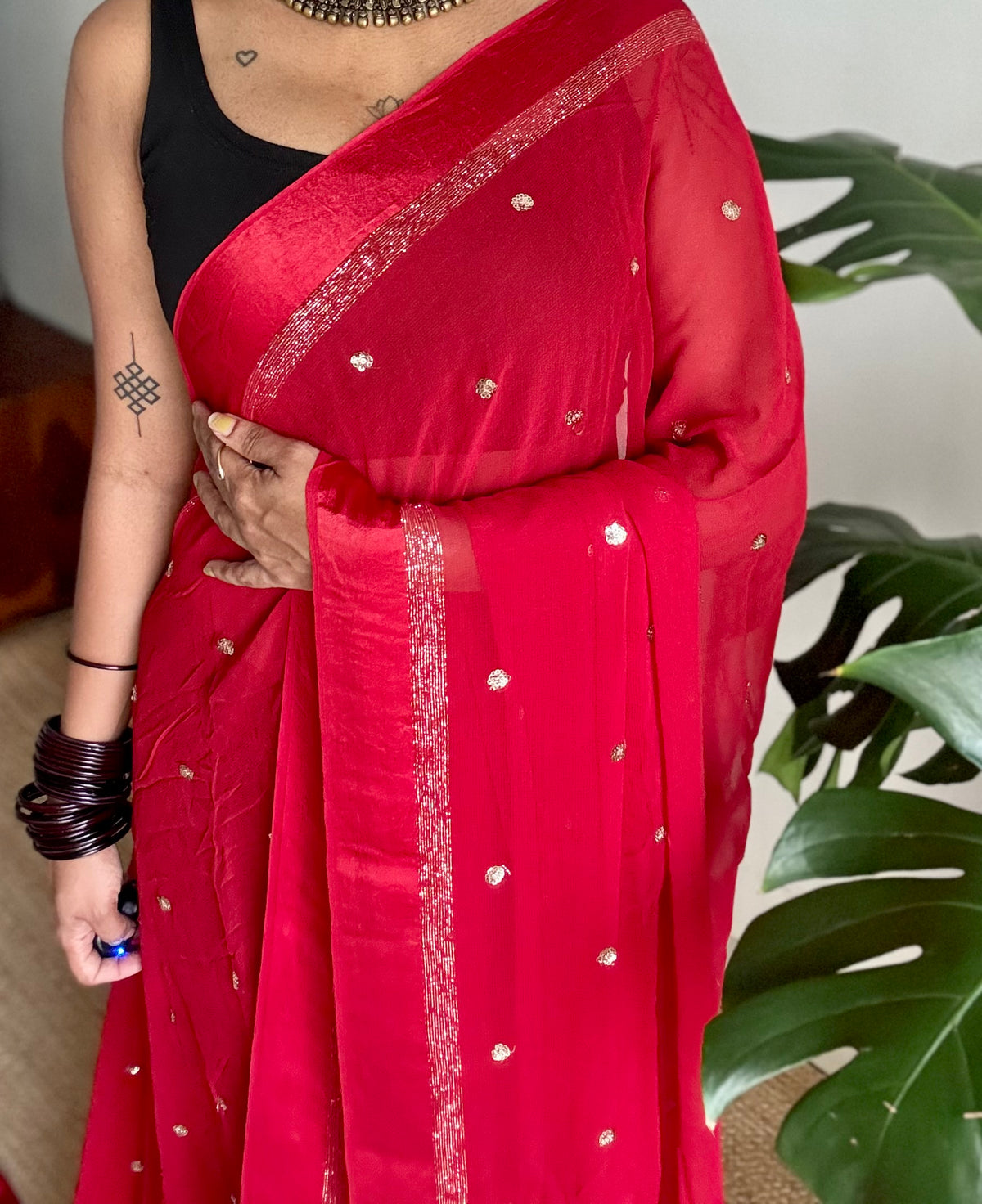 Red viscose georgette saree, gold buttas, satin border - YCDOSOC45