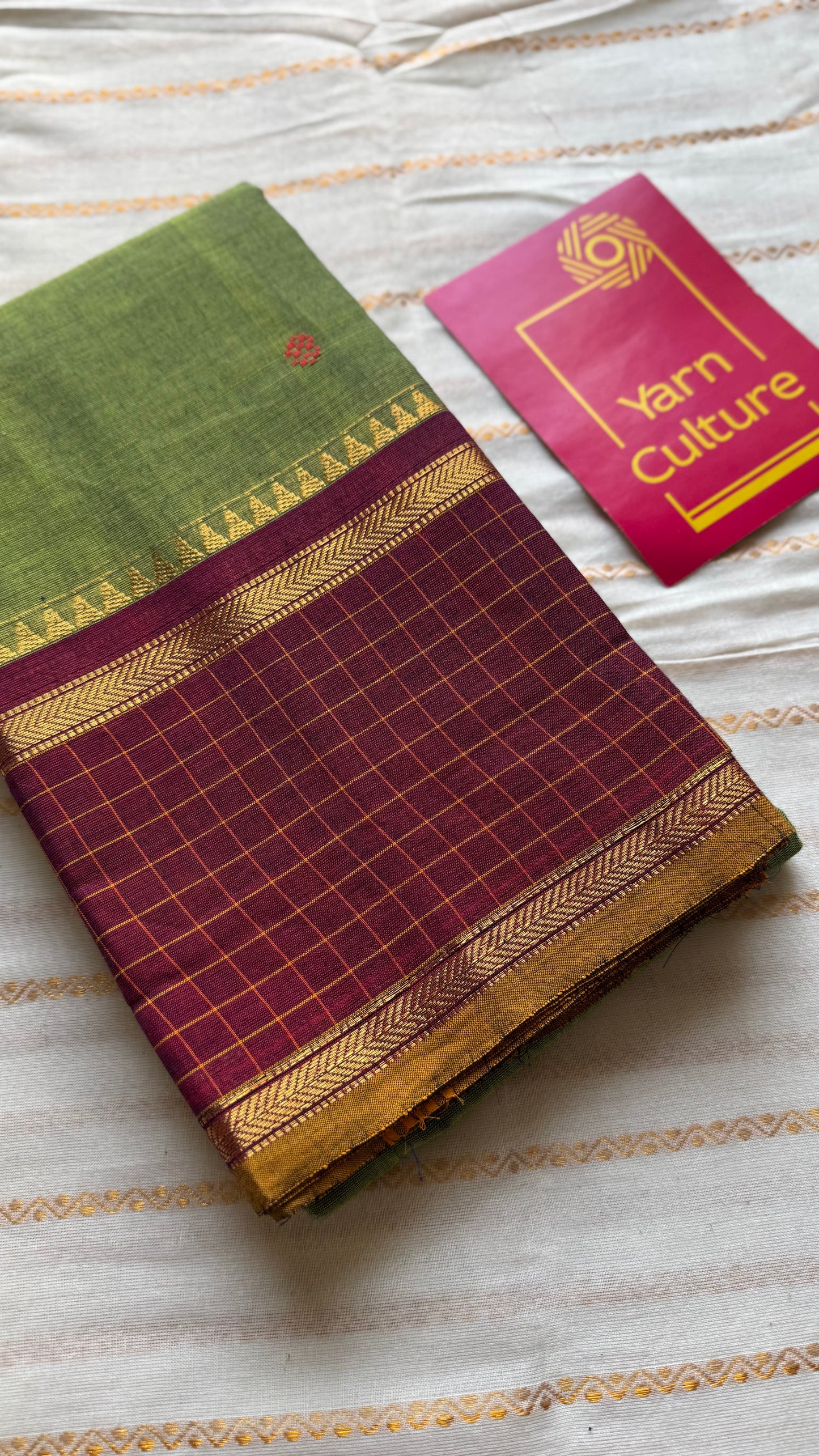 Green and maroon contrast, Chettinad cotton saree with checkered border  - YCCOTNMA271