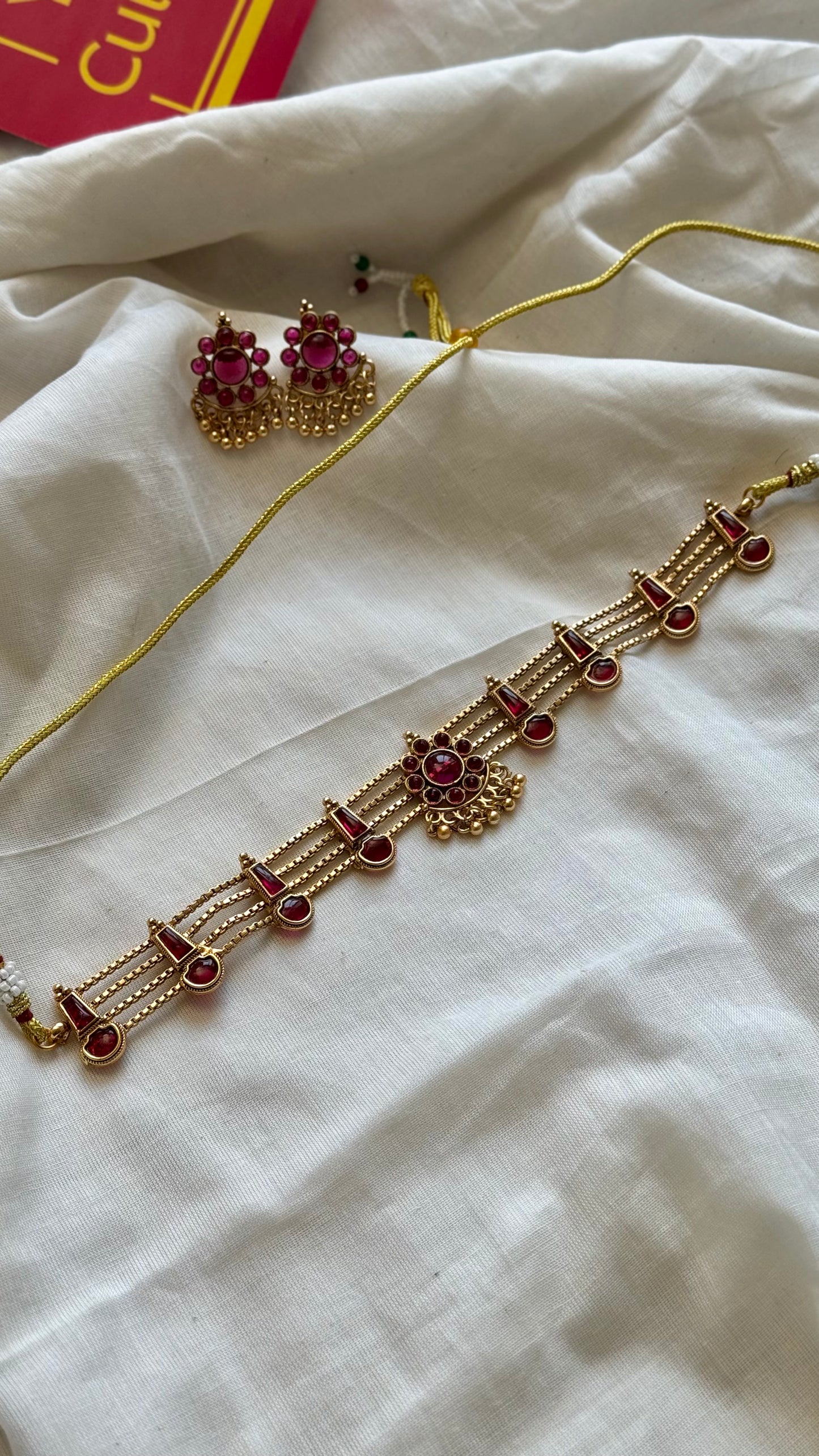 4 layered red pendant neckpiece with earrings - YCGPNP640