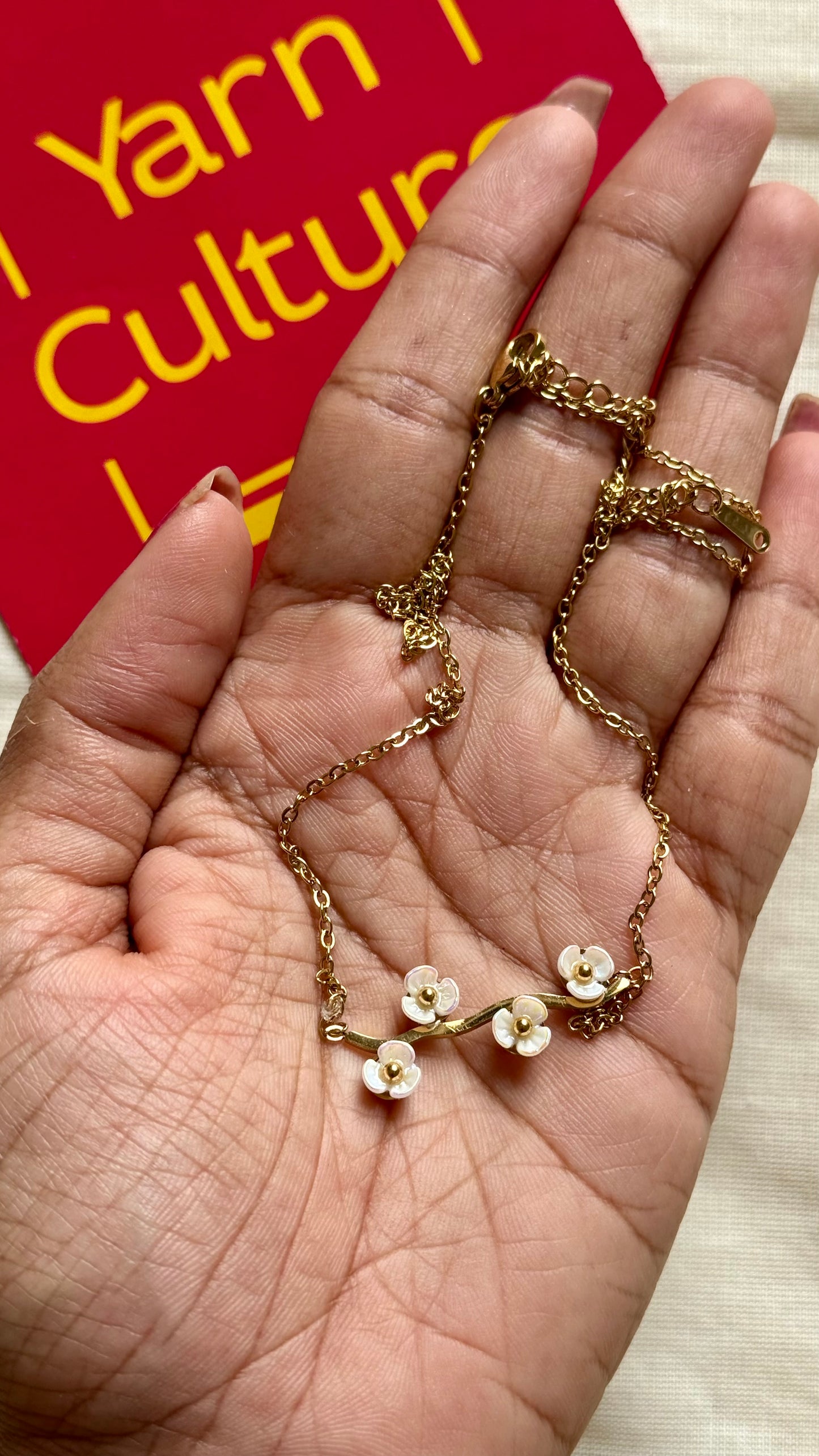 Gold plated chain, white floral pendant - YCGPC399