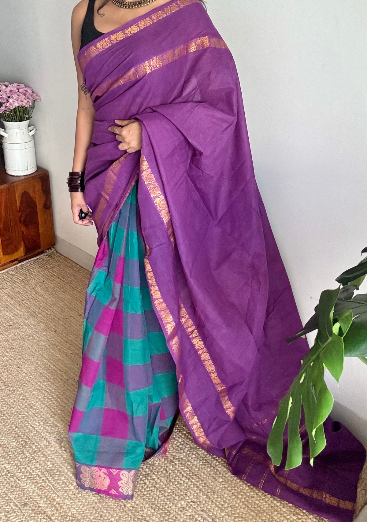 Purple with multicoloured checks, sungudi and chettinad cotton half and half saree - YCCOTNIDOC133