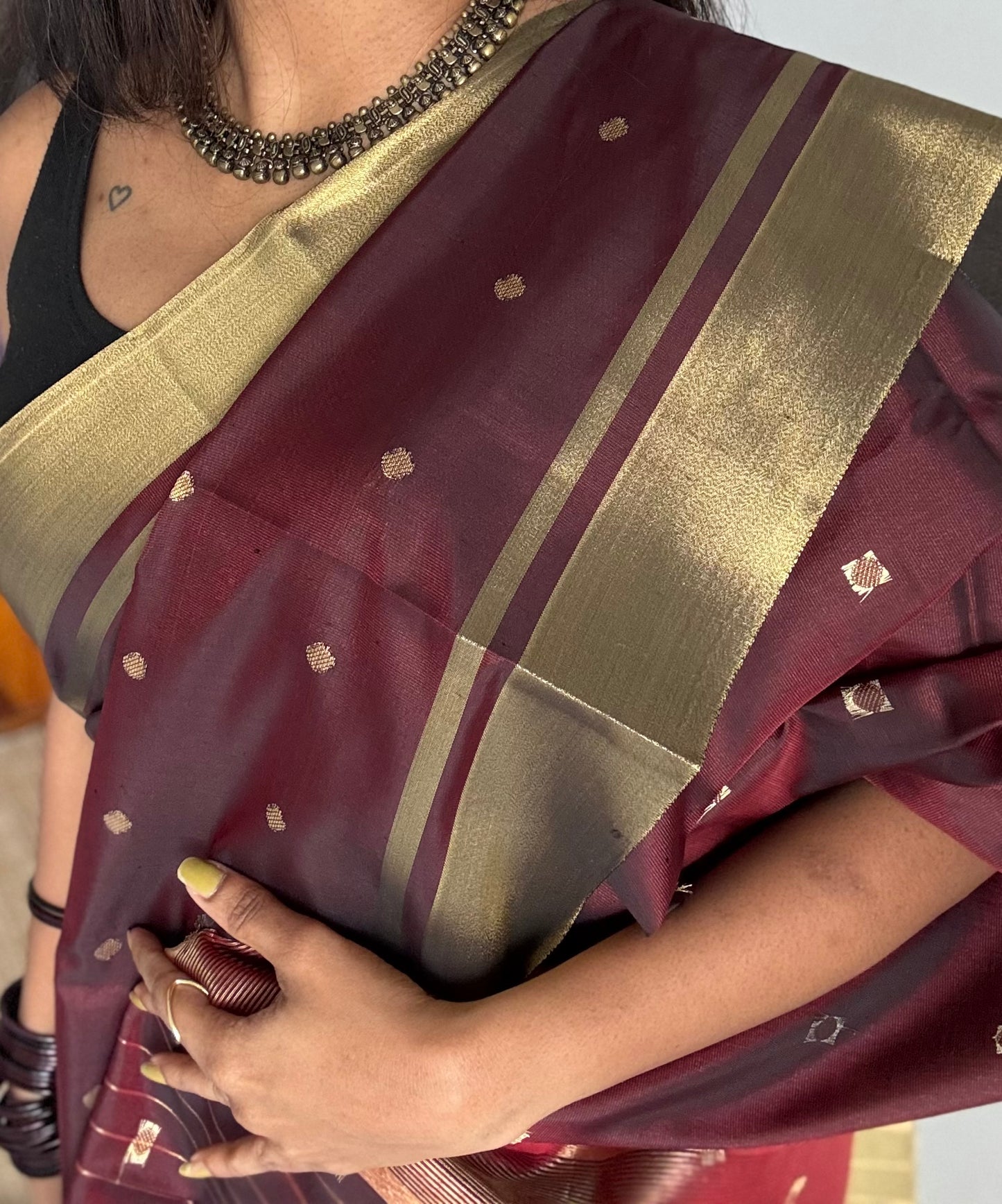 Maroon with antique gold border & buttas, semi katan silk - YCBLSSJA17