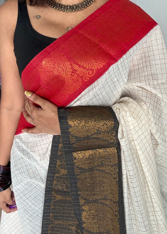 Sungudi cotton checks, ivory gold base, red and black dual tone flower paisley border, soft cotton - YCCOTNGJJA165