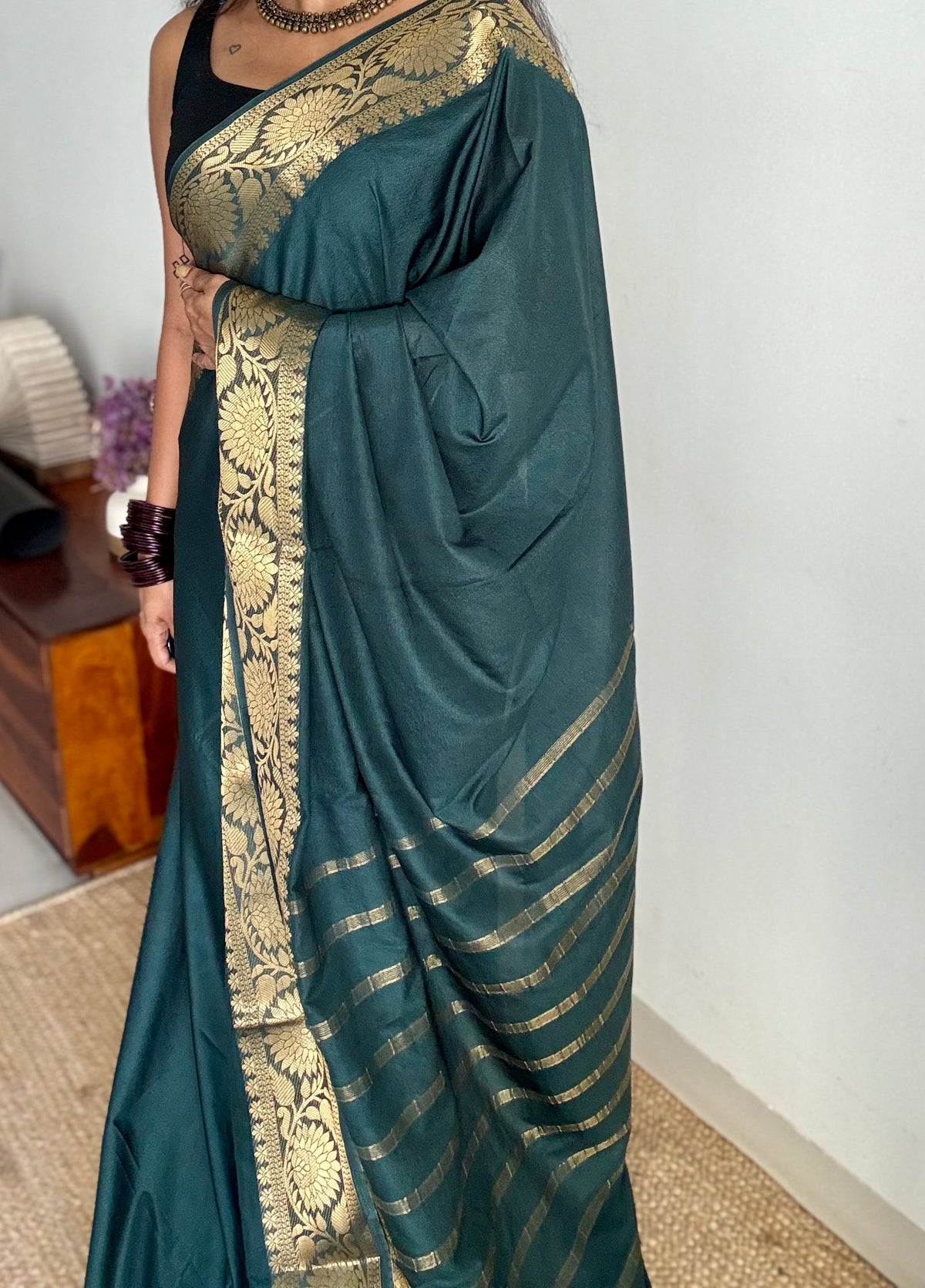Dark green, semi crepe silk saree with antique gold floral border - YCLOKOC57