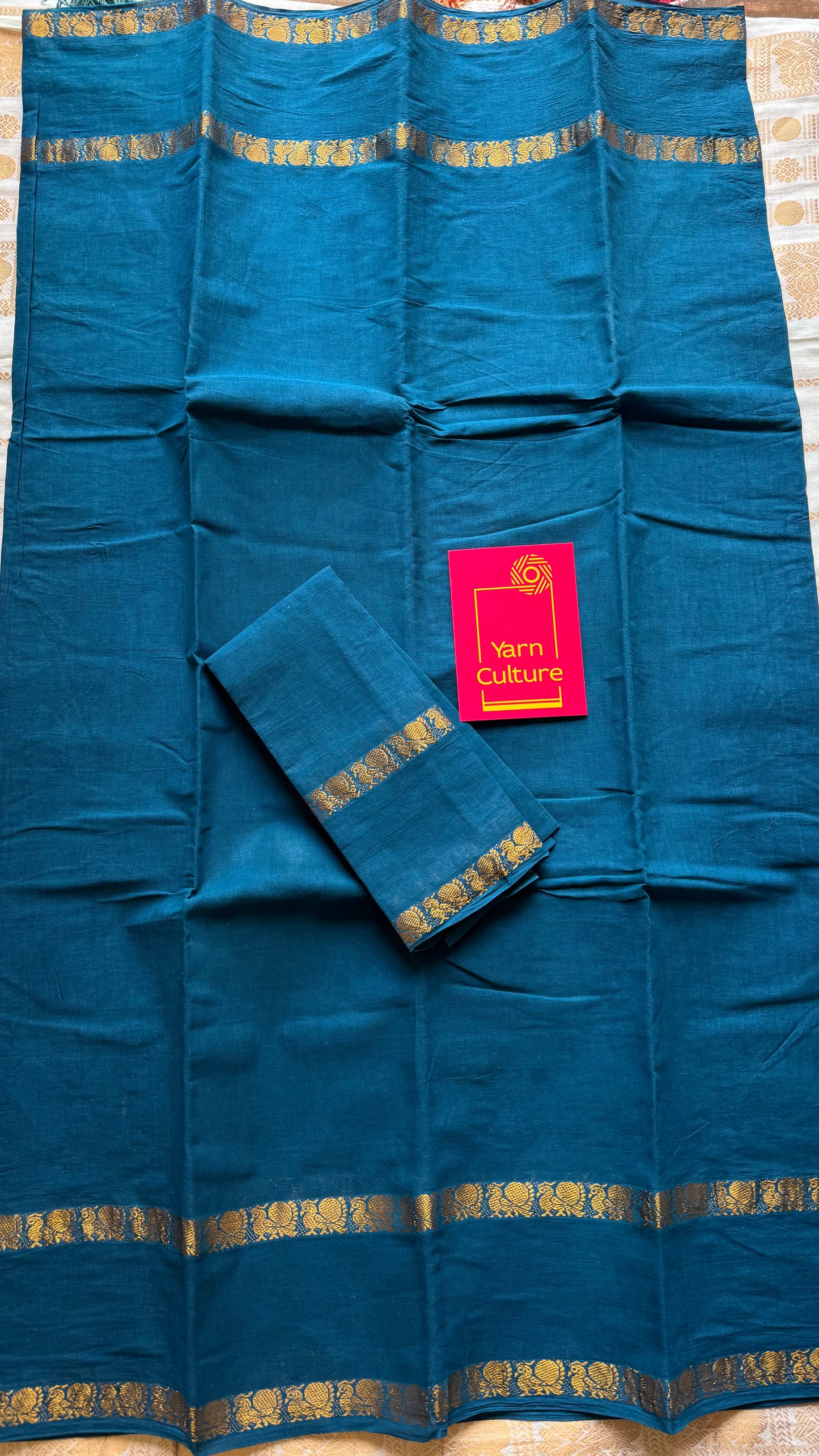 Peacock blue/teal rettaipettu peacock double bordered, kattuchayam dyed madurai cotton saree - YCTORKDJU30