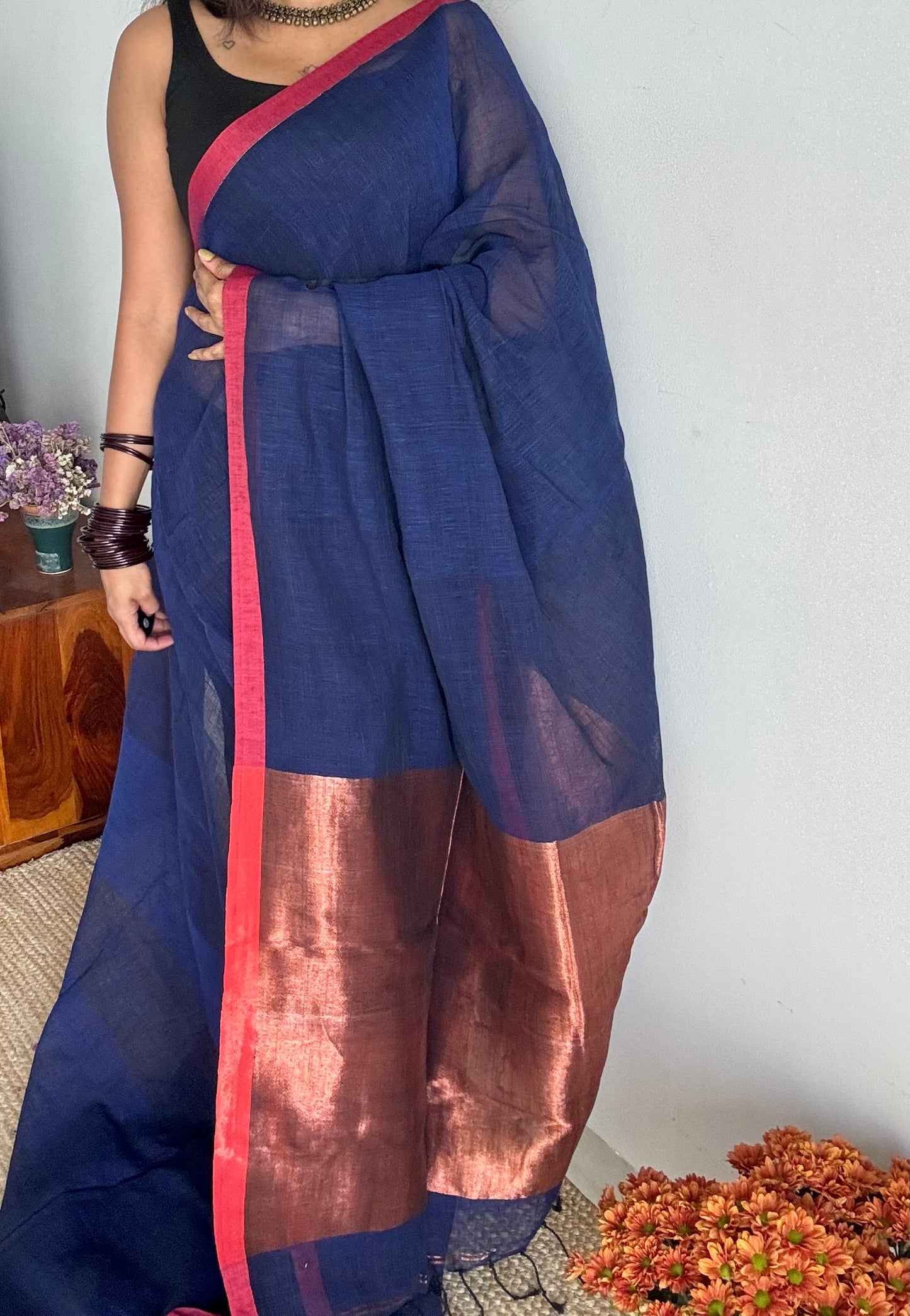 Dark blue plain linen by cotton saree with copper zari pallu - YCBCLCFE395