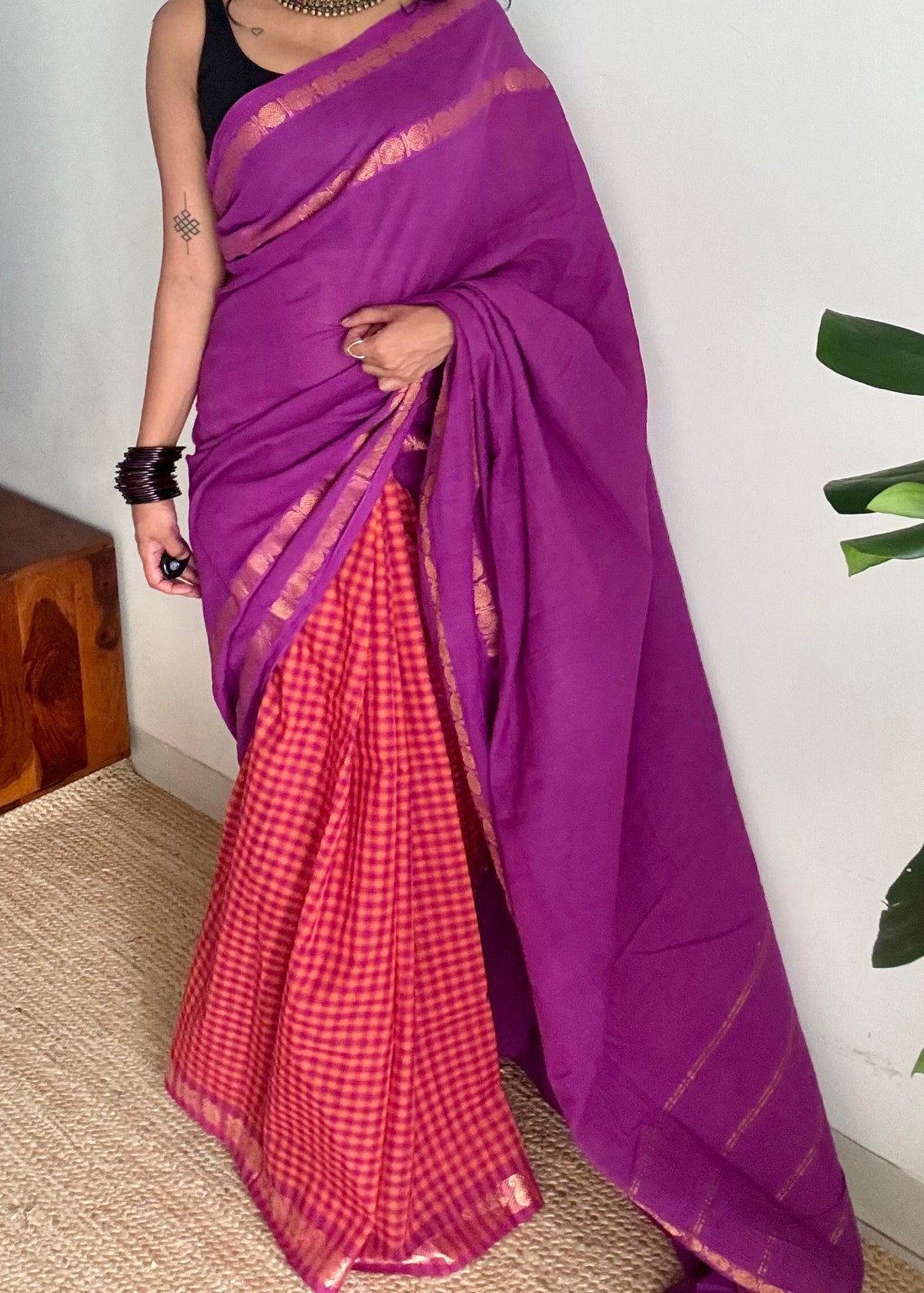 Purple with orange and magenta, sungudi and chettinad cotton half-half saree - YCCOTNIDOC37