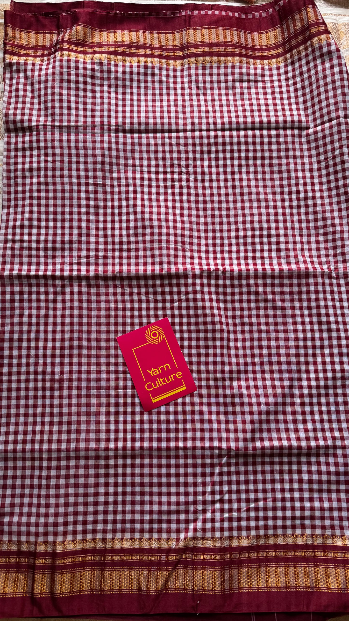llkal dark maroon and white checks with chikki paras border, soft cotton with art silk blend - YCLOKICAP231