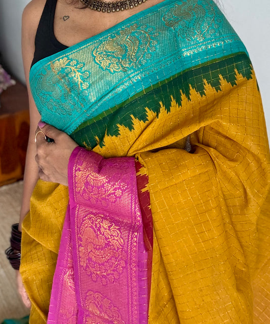 Sungudi cotton checks, mustard yellow base, turquoise and magenta dual tone border, soft cotton - YCCOTNGJJA179