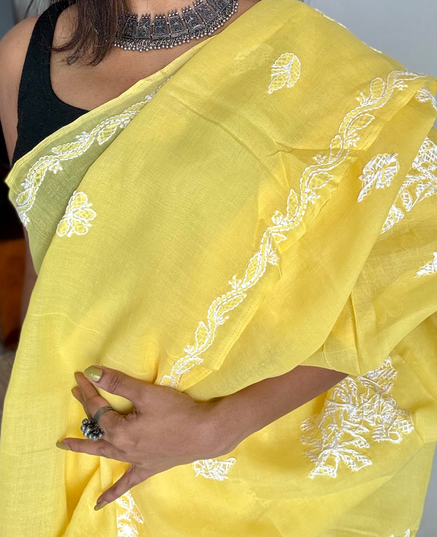 Roshni - canary yellow hand-embroidered chikankari cotton saree - YCLCKFE420