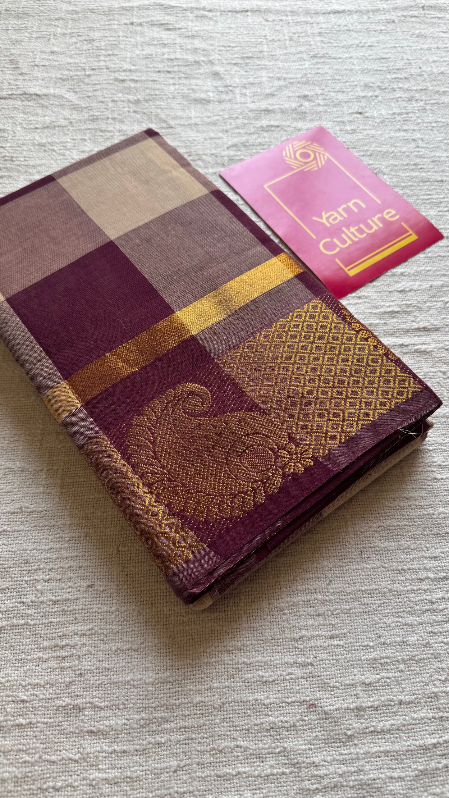 Chettinad cotton saree with cream and maroon checks, paisley motif border - YCCOTNAP63