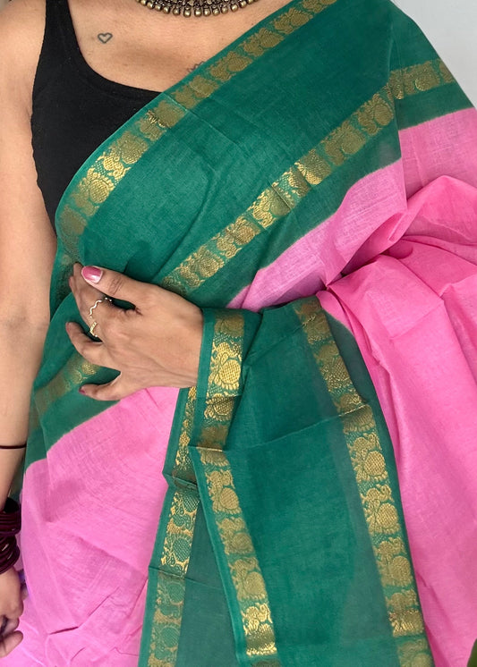 Pink with bluish green rettaipettu peacock double border, madurai soft cotton - YCCOTNMSAP203