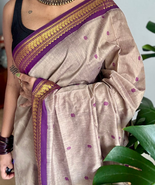 Warm grey with purple, cotton silk saree with zari border - YCCOTNKCOC107