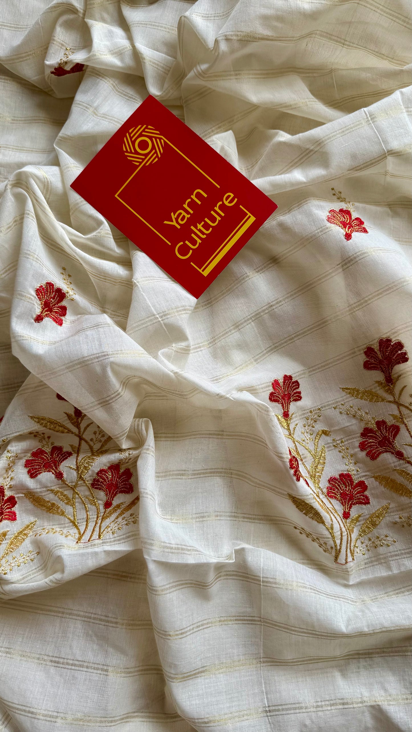 Ivory and gold soft cotton saree, red floral embroidery  - YCIEON52