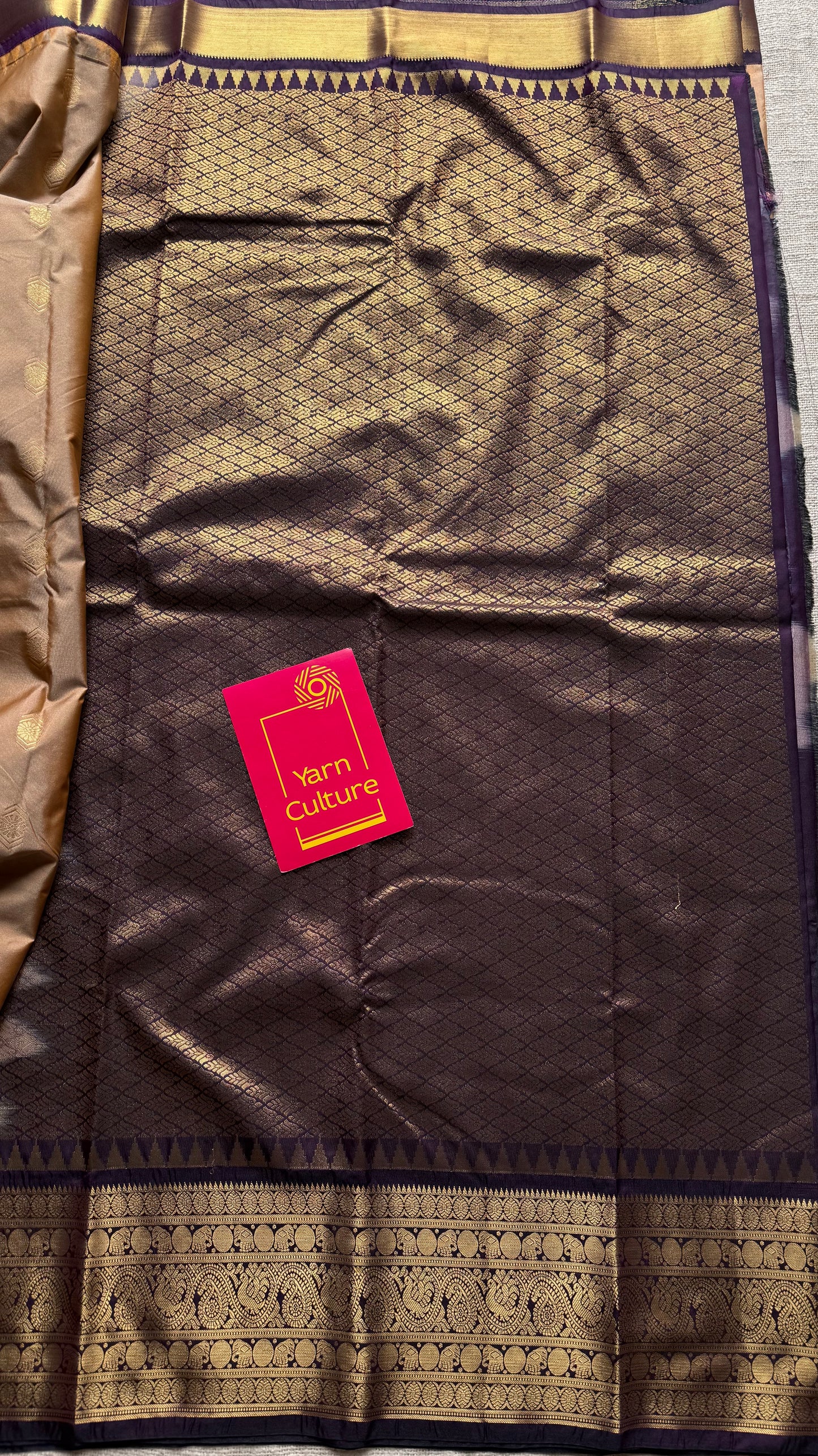 Mohini - beige with deep wine purple, handloom korvai semi silk - YCCOTNFEJUKS06
