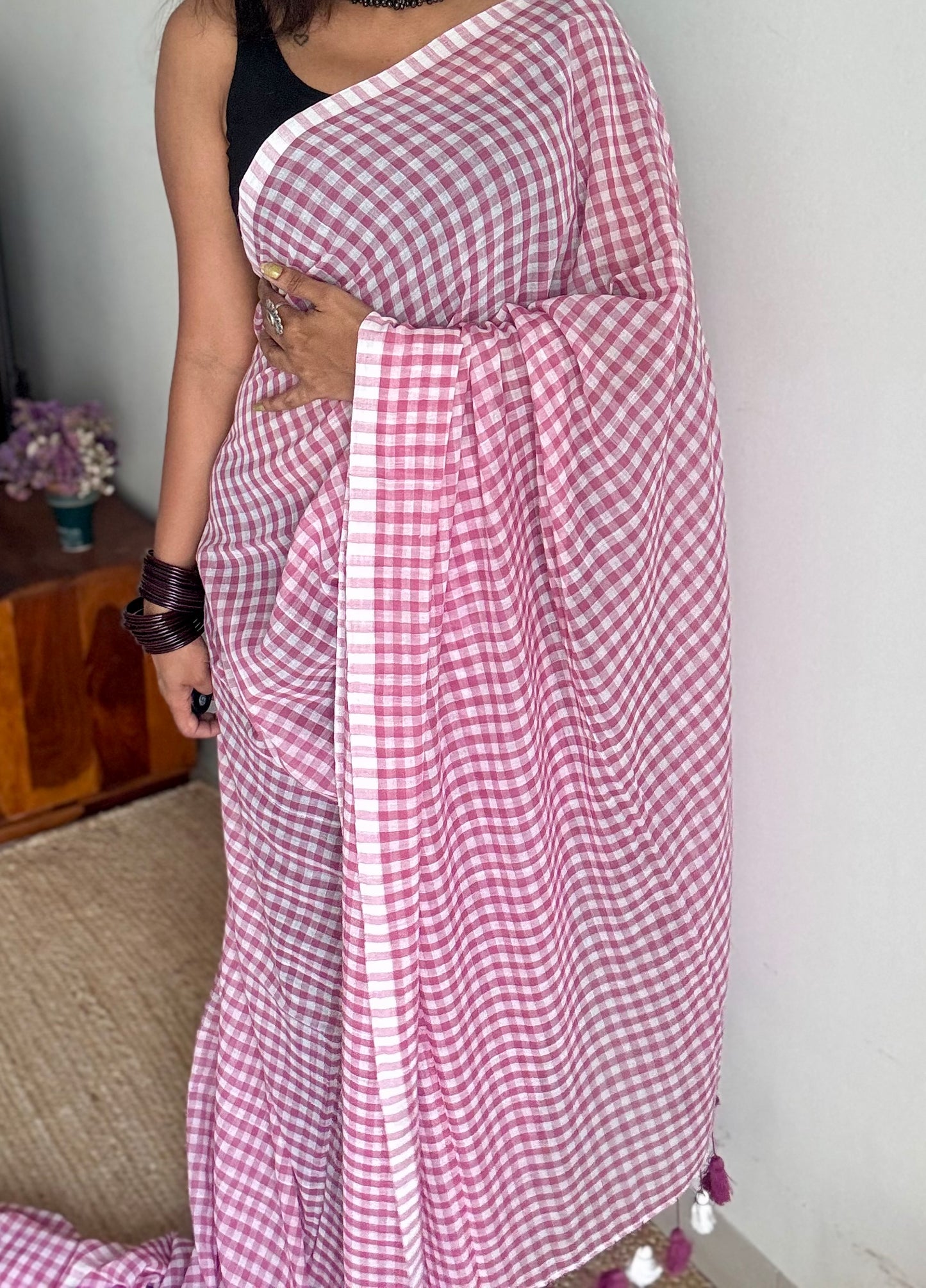 Mauve and white checkered mul cotton saree  - YCBCMCCMA31