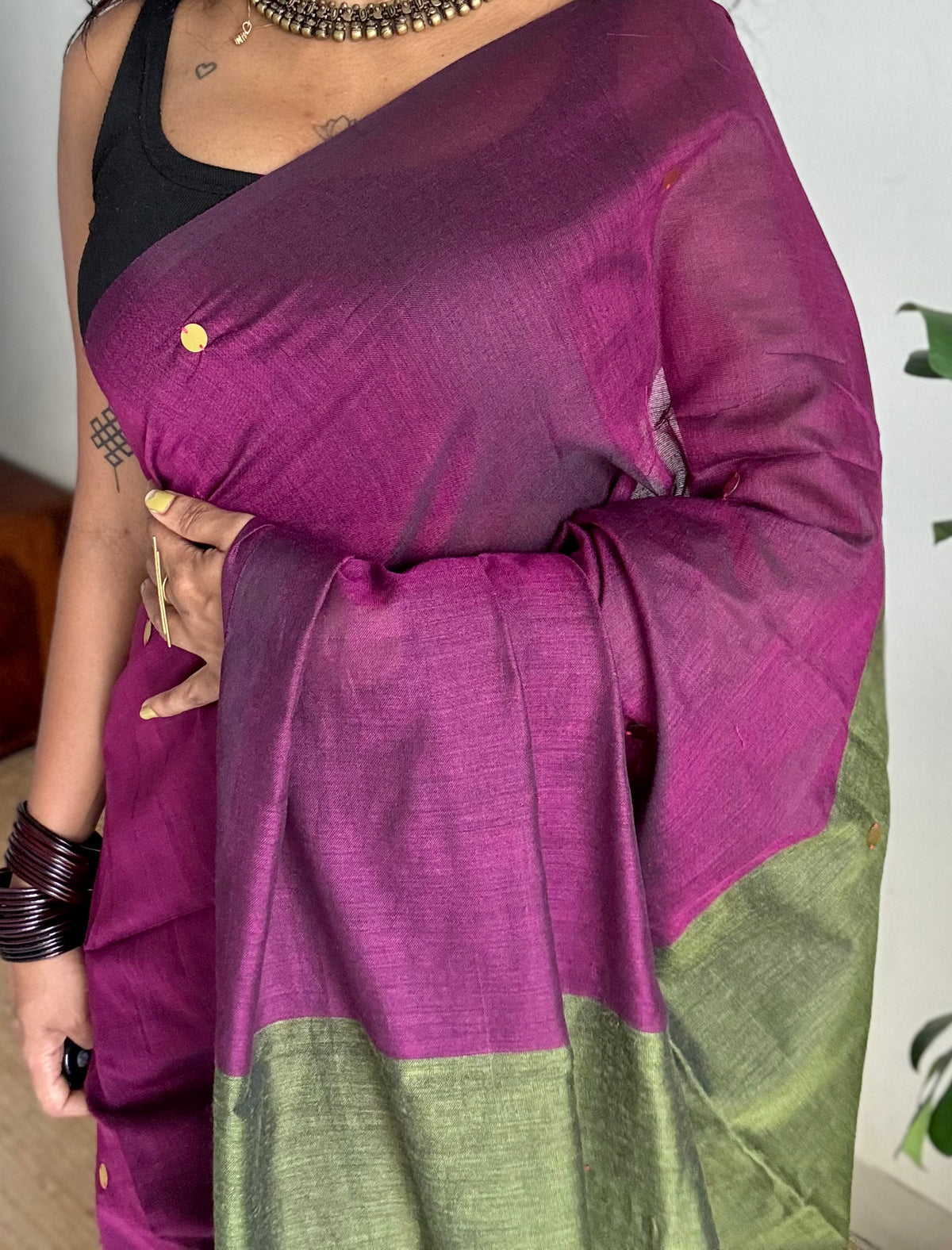 Wine with olive green contrast pallu, gini sequins, soft cotton saree - YCBCSCOC06