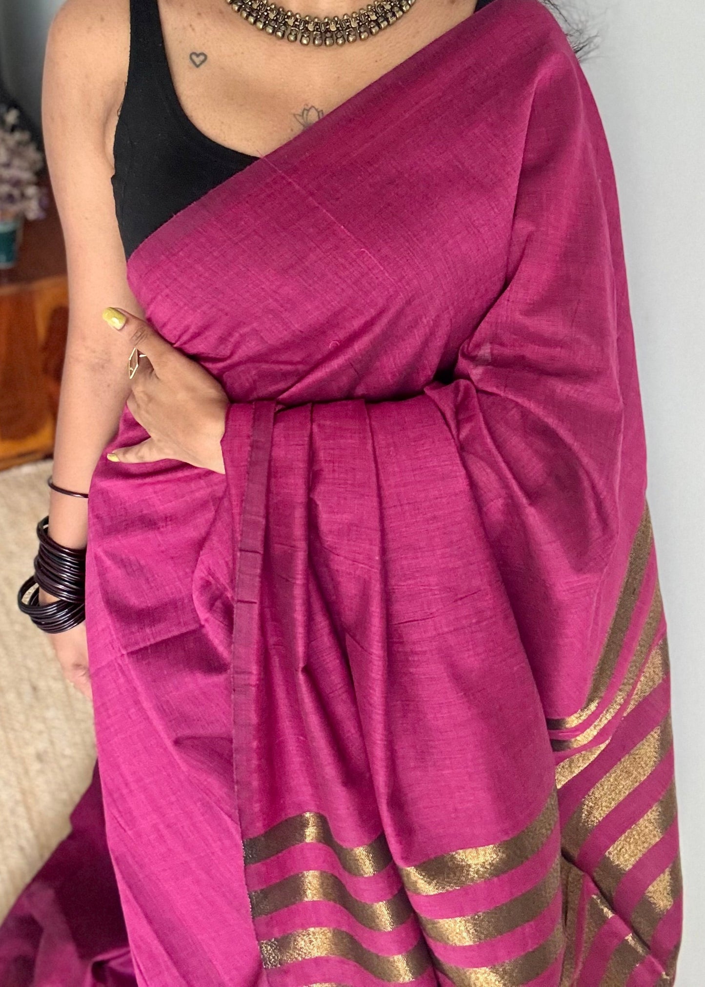 Berry pink khadi with antique gold pallu - YCBCKZPSE07