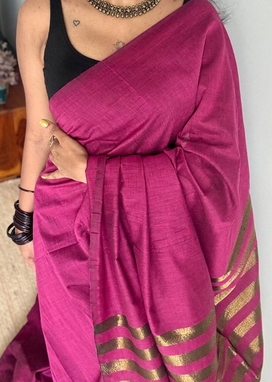 Berry pink khadi with antique gold pallu - YCBCKZPSE07