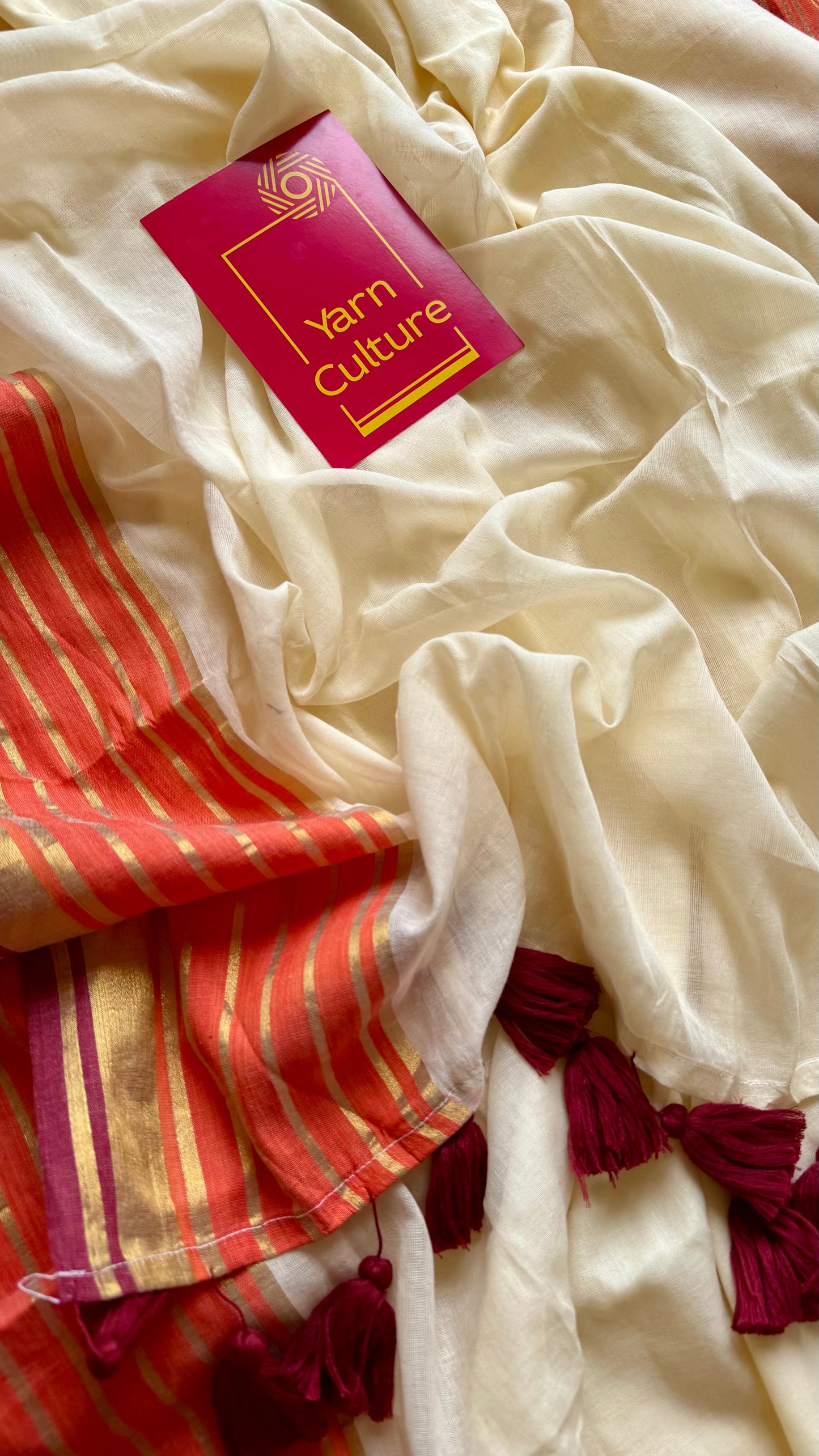 Ivory mul saree, orange with maroon striped border - YCIEON13