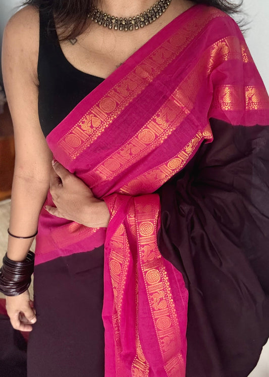 Wine with hot pink border, peacock and rudraksham motif, madurai soft cotton - YCCOTNJUSC03