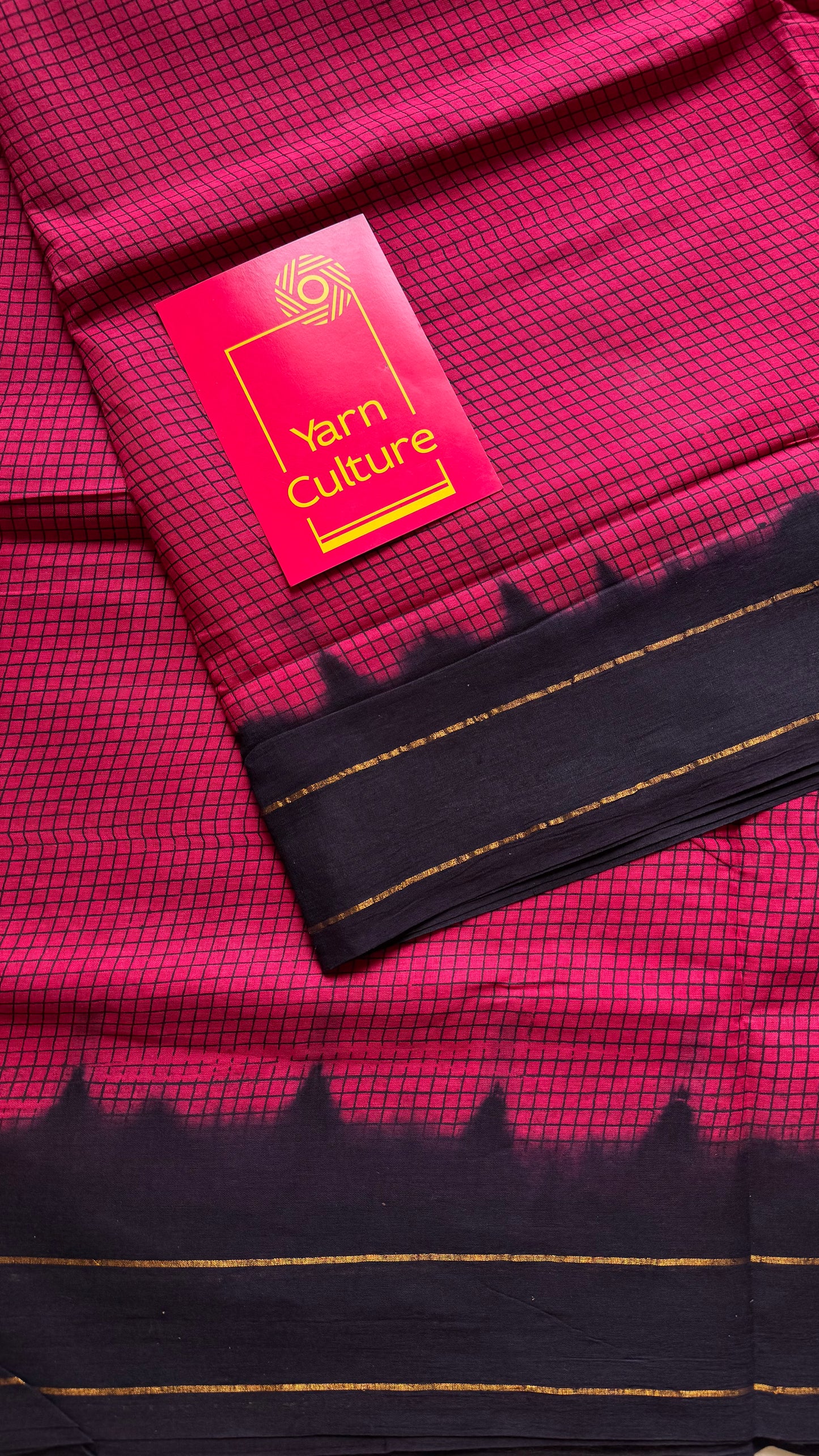 Dark pink with black contrast, checkered kattuchayam dyed madurai cotton saree - YCCOTNMA234