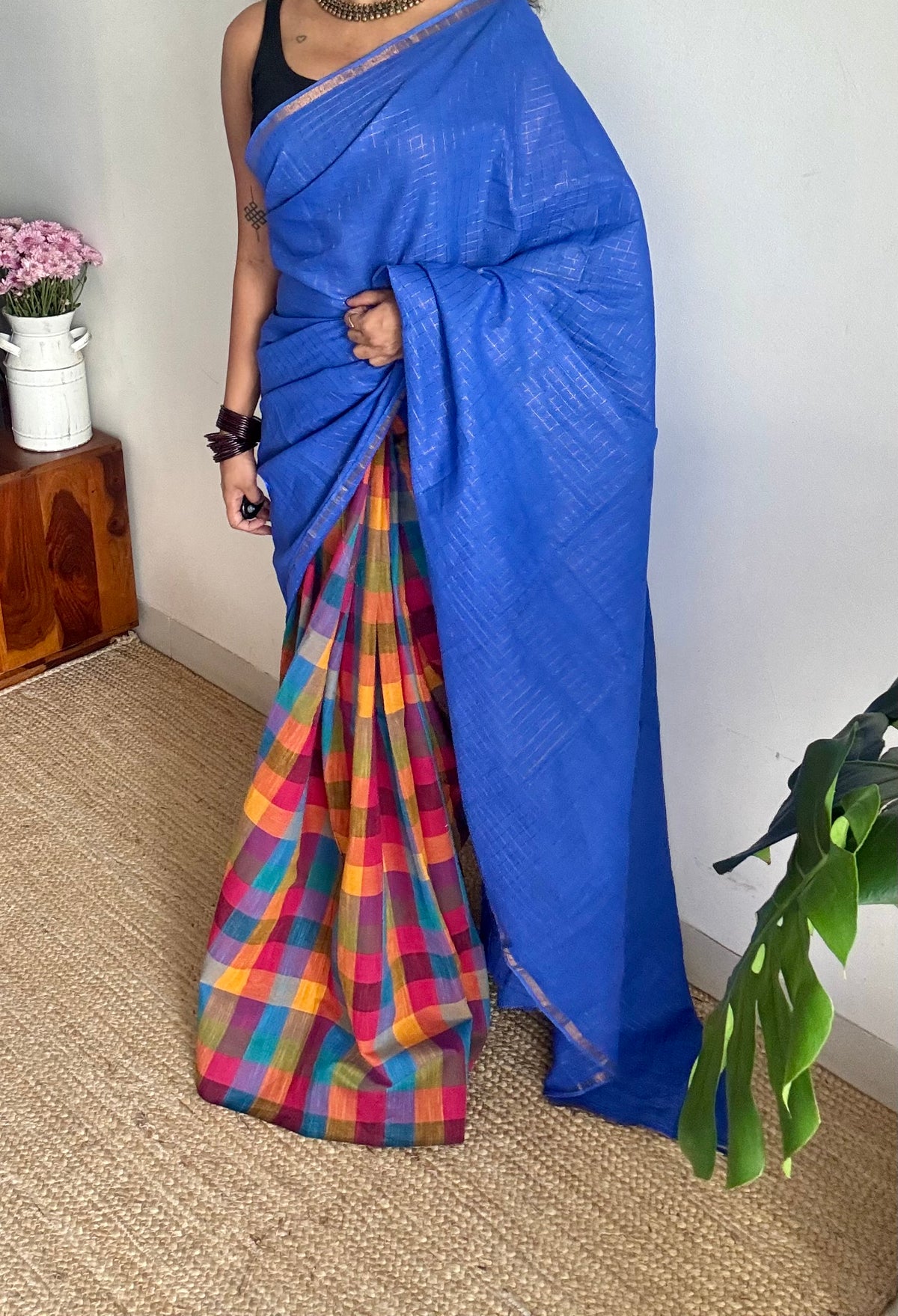 Blue with multicoloured madras checks, cotton half and half saree - YCCOTNIDOC160