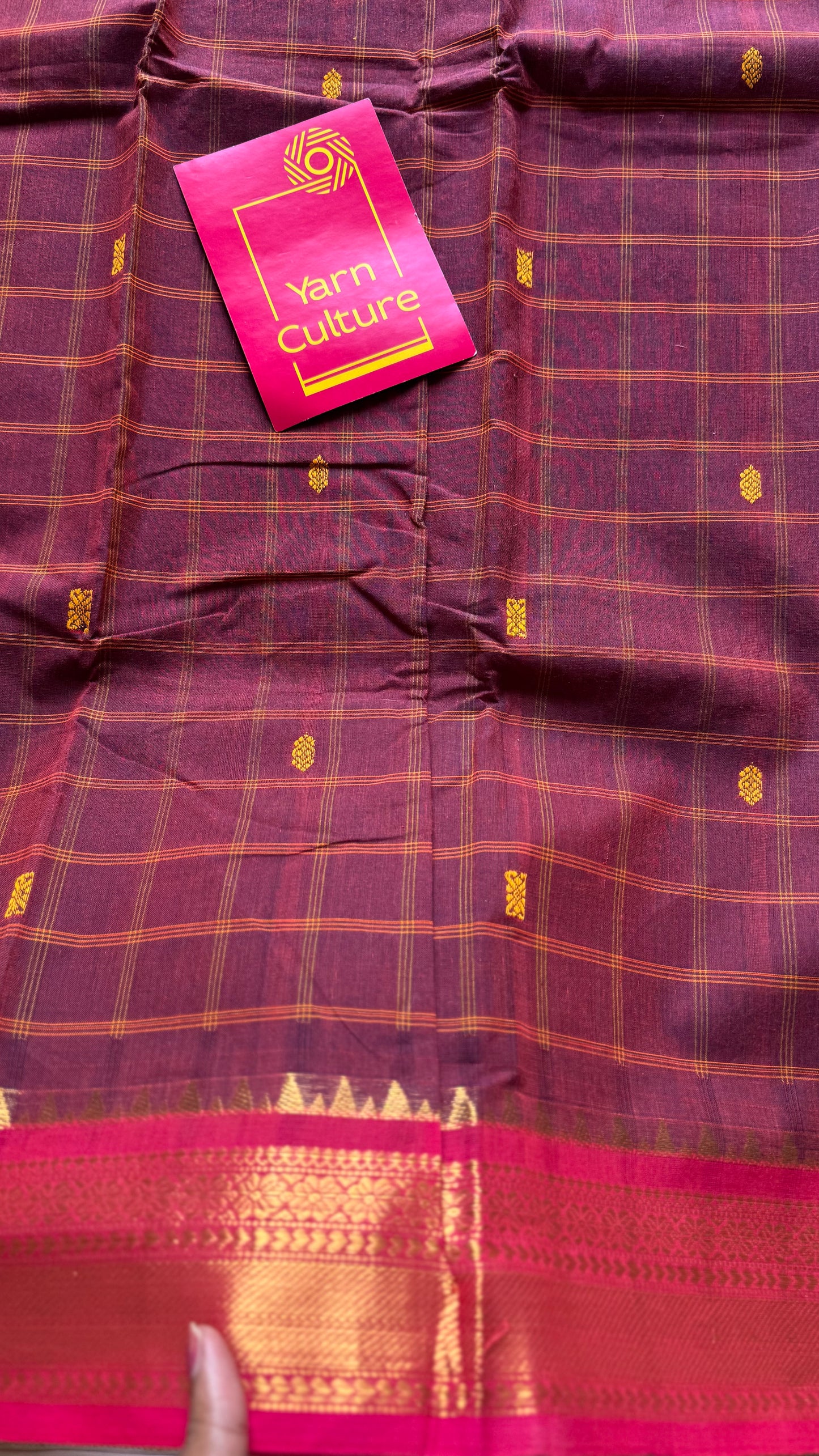 Maroon and fuchsia pink contrast, checkered Chettinad cotton saree - YCCOTNMA266
