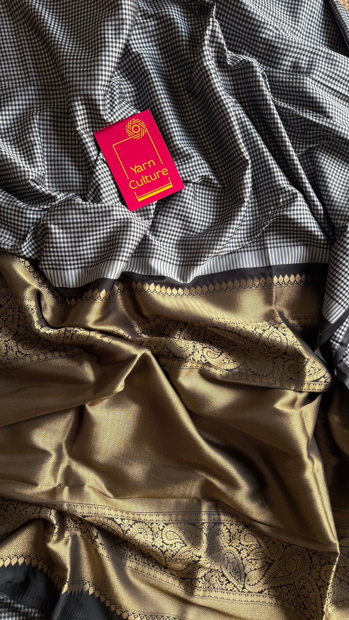 Black and white mini checks, Banarasi semi-katan silk saree with antique gold zari pallu - YCBLTOC93