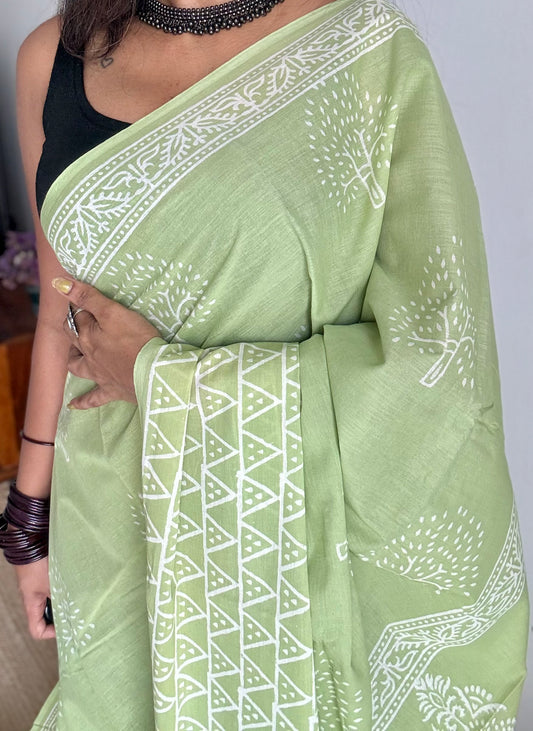 Pista green with off white tree motifs, block printed soft cotton saree - YCTORCMA19