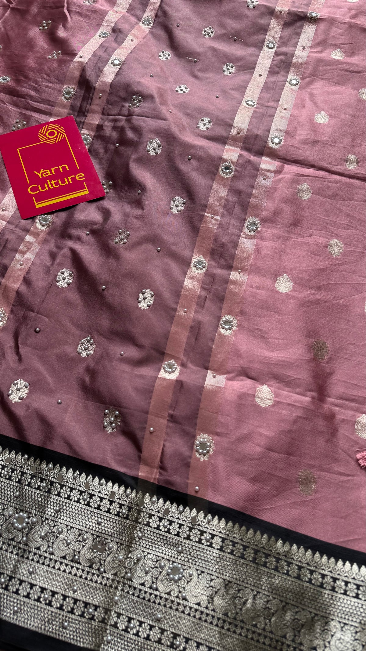 Dusty pink with black silver zari Banarasi semi-katan silk saree with pearl embellishments - YCBLTOC92