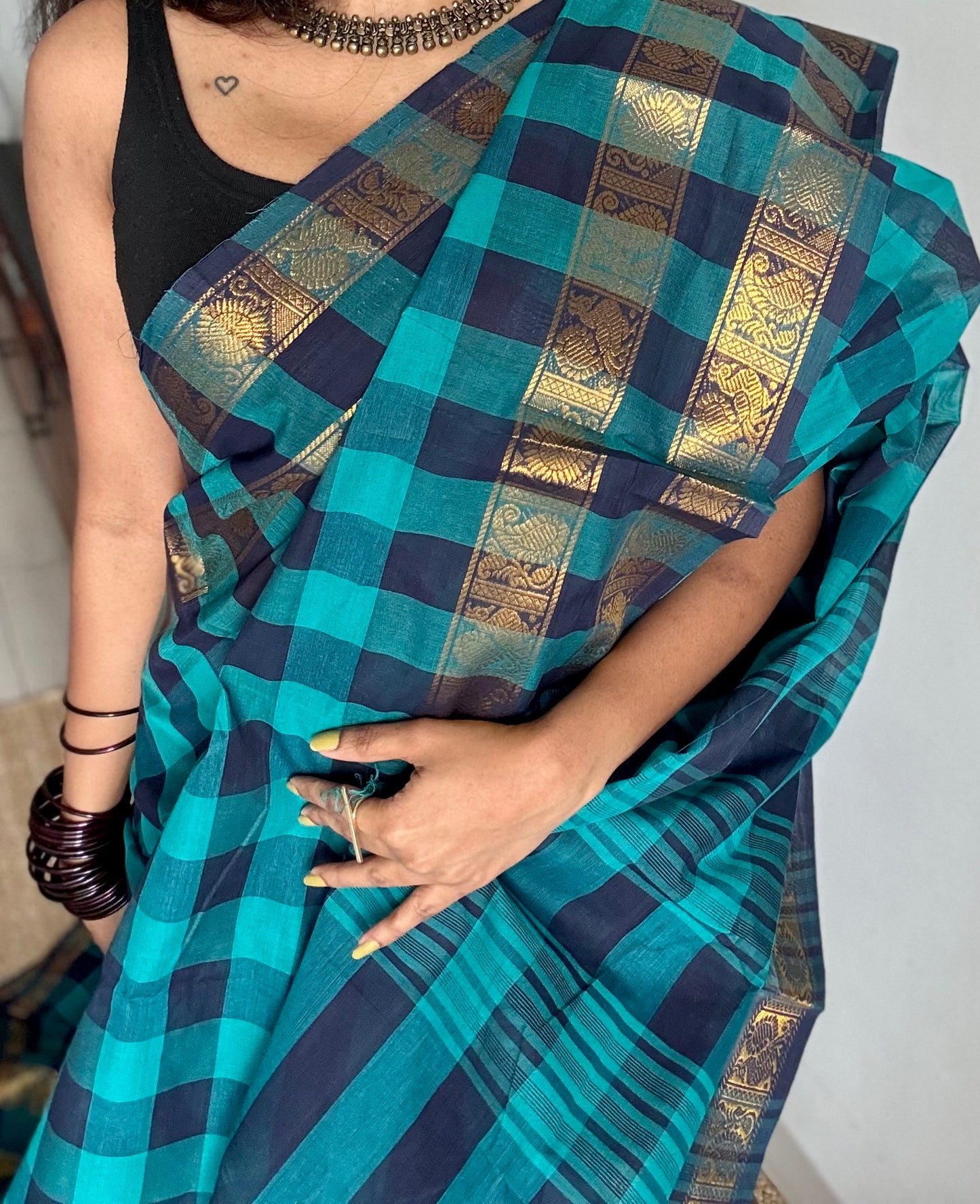 Turquoise and dark blue paalum pazhamum checkered kanchi cotton - YCCOTNKCDE81