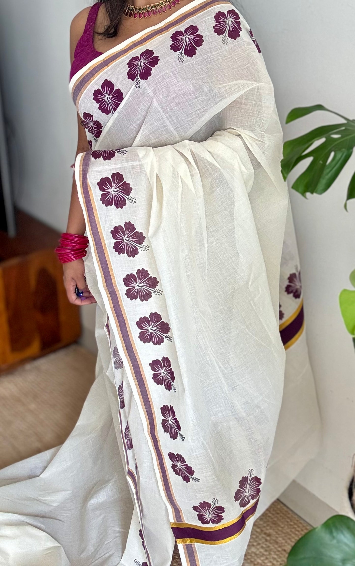 Ivory and gold soft cotton saree, wine hibiscus (chembarathi) flowers - YCIEON63