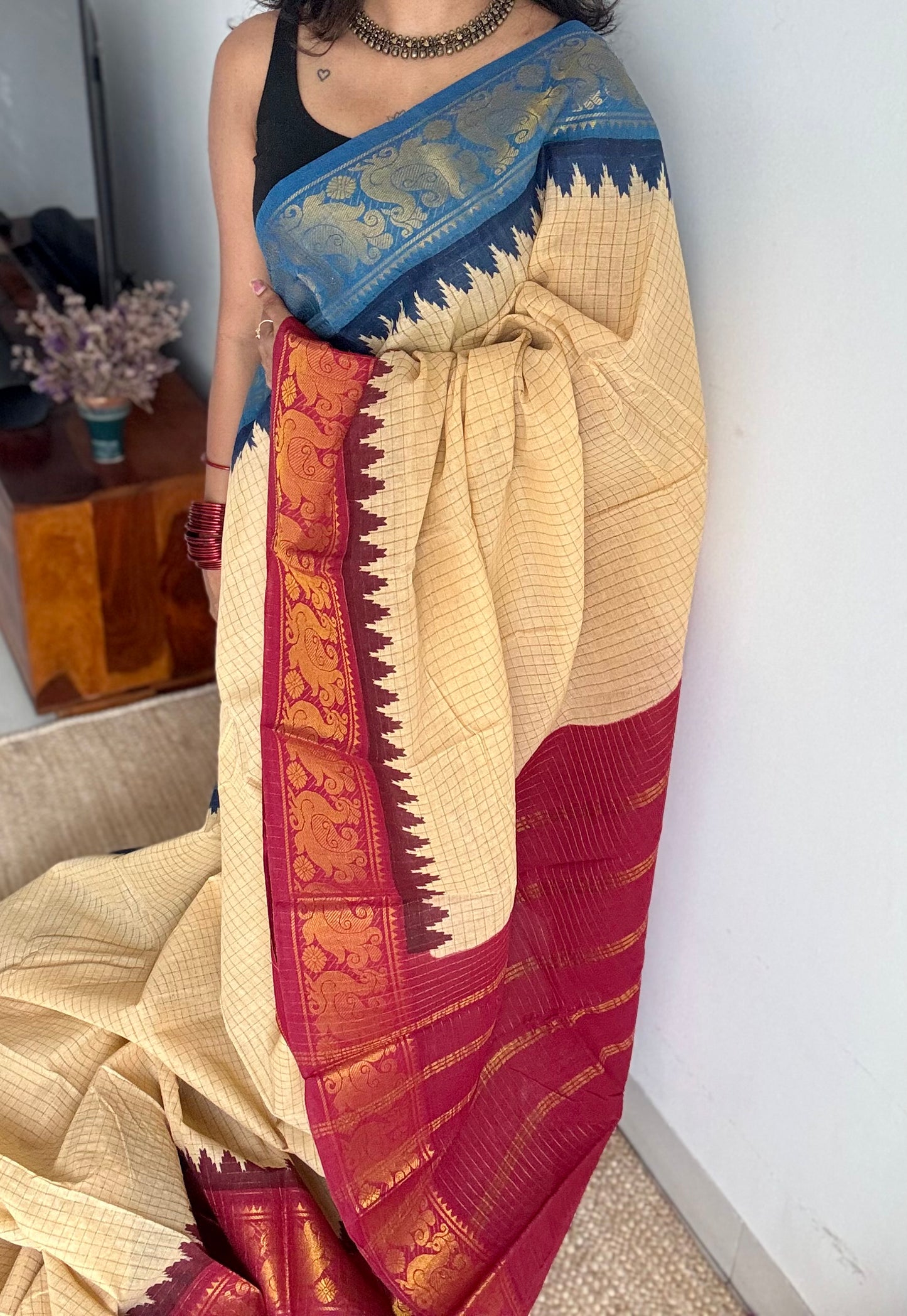 Blue - maroon sungudi cotton checks, sandal colour base, soft cotton - YCCOTNJSUN02