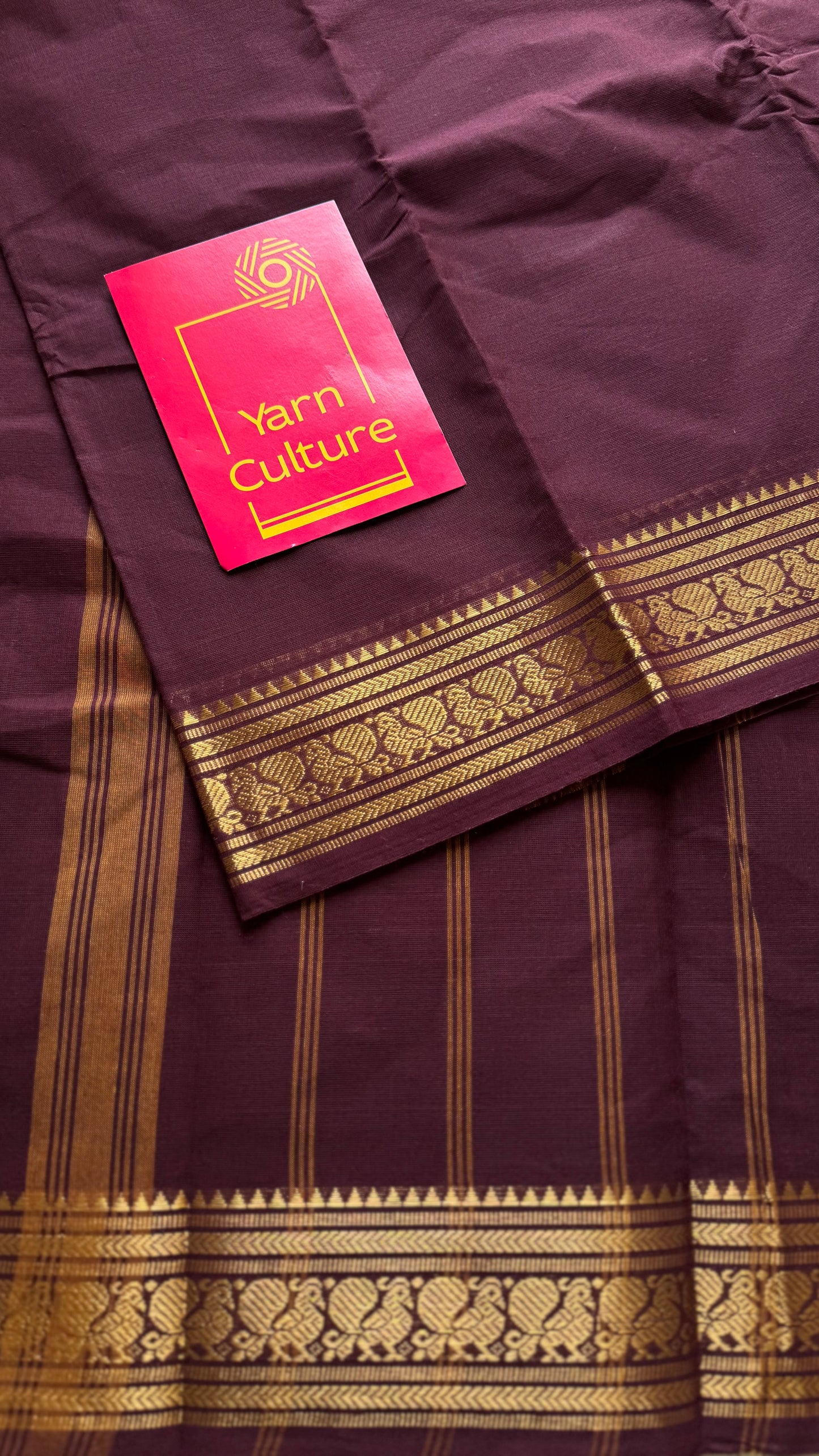 Chettinad cotton saree in maroon with thin peacock zari motif border - YCCOTNJUCC10