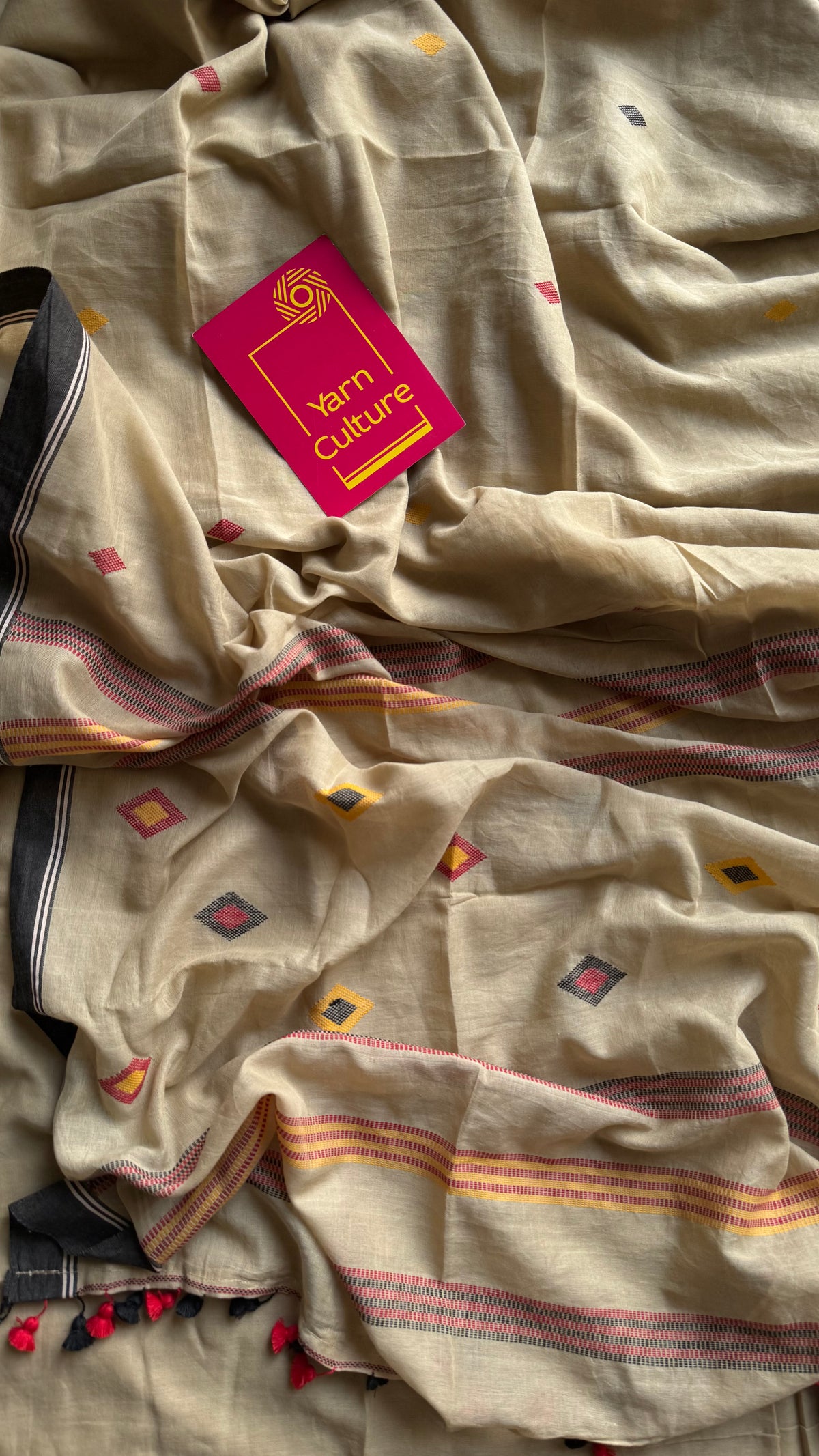 Handloom Bengal soft cotton saree, beige with woven buttas and black borders - YCBCMCSE39