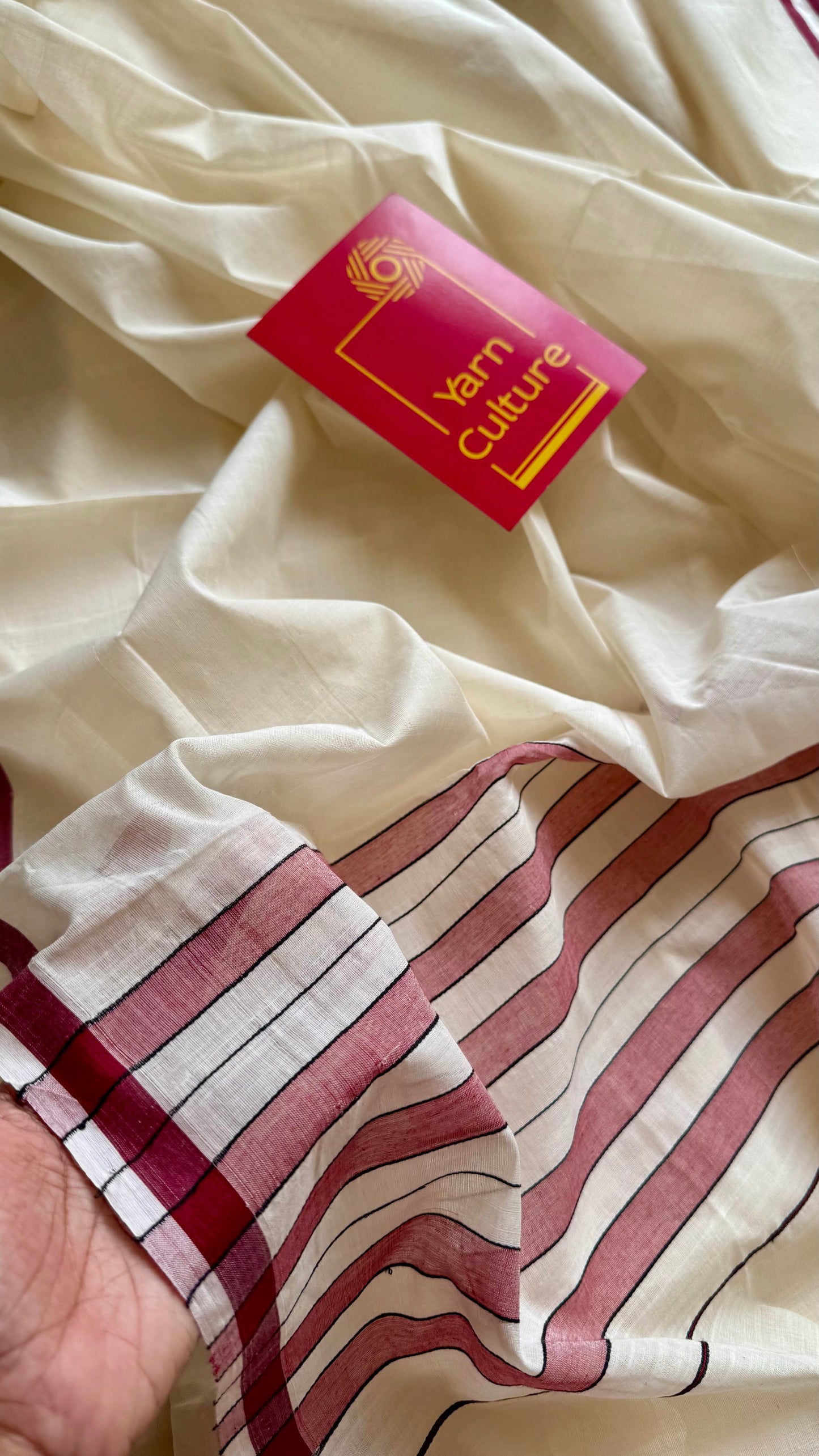 Handloom, woven in Chendamangalam Looms, ivory with maroon border, soft cotton saree - YCIEON151
