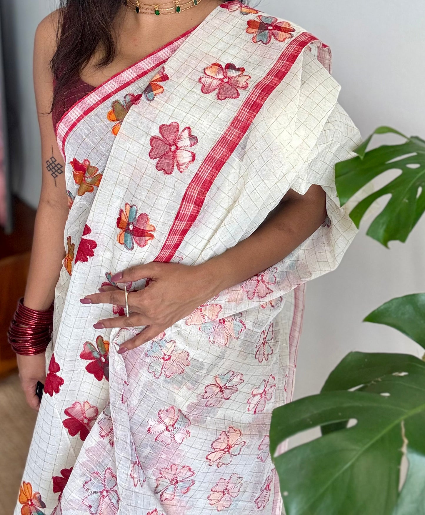 Ivory soft kota saree, with applique floral work - YCIEON88