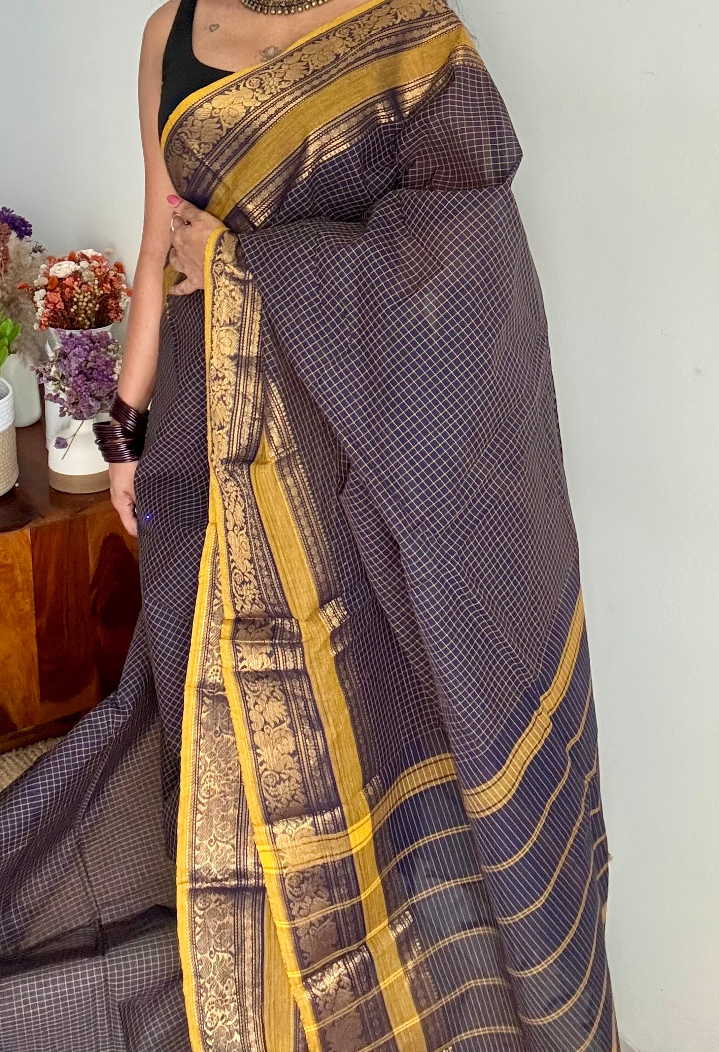 Kanchi cotton saree, dark blue checks with korvai border - YCCOTNAP72