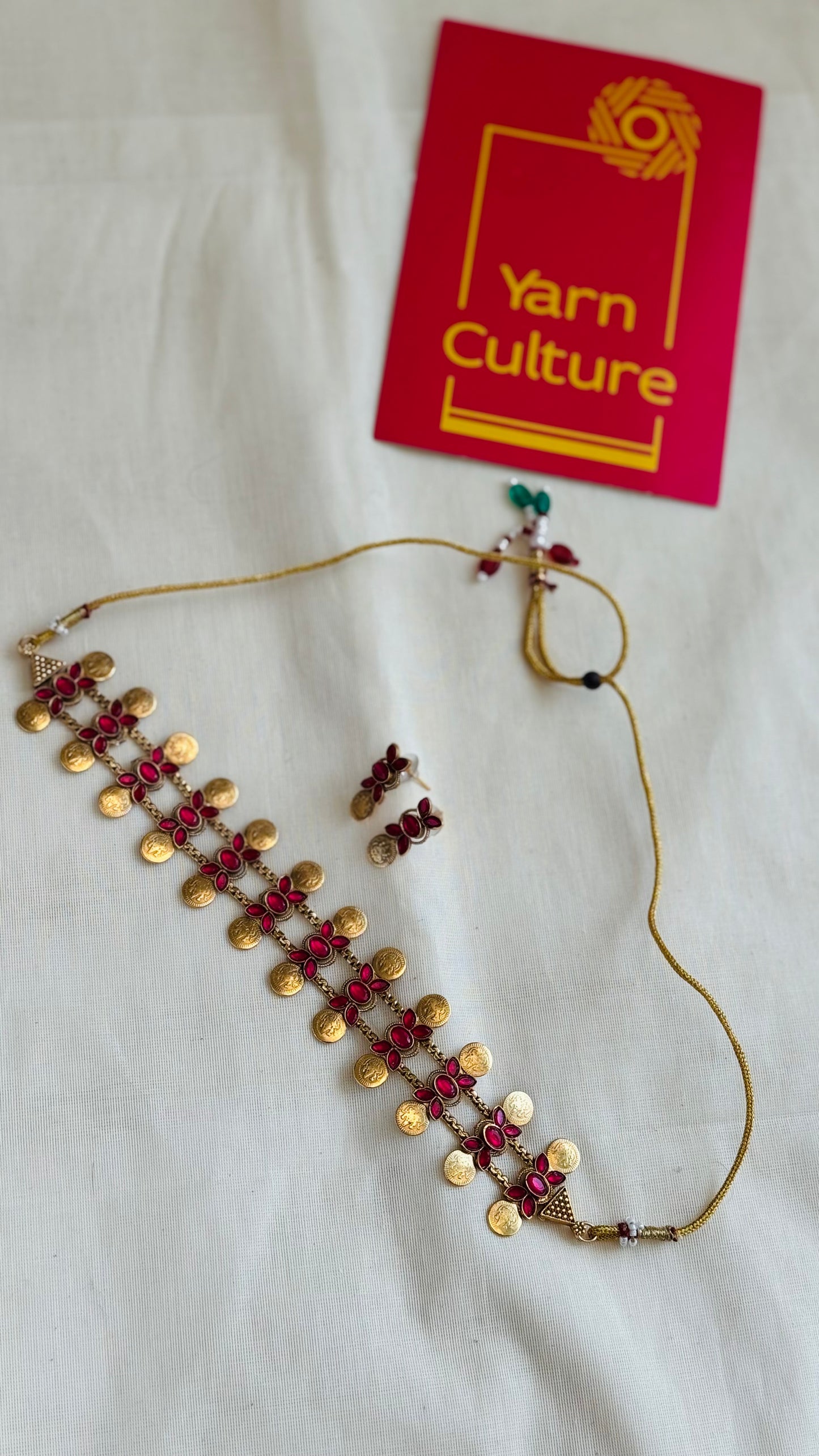 Triple layer coin floral neckpiece, ruby stones, with earrings - YCGPNP753