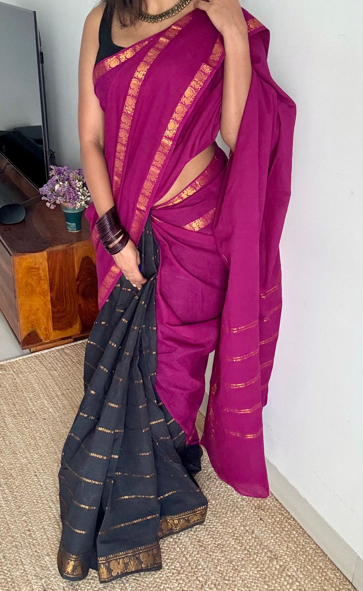 Purple pink (vadamalli) with black, sungudi cotton half-half saree - YCCOTNMSFE359