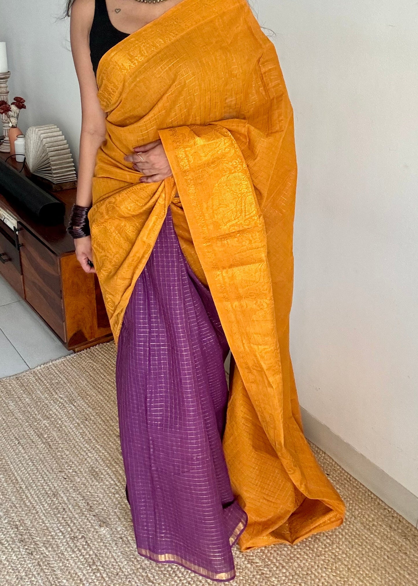 Turmeric yellow with purple, sungudi cotton half-half saree - YCCOTNIDMA316