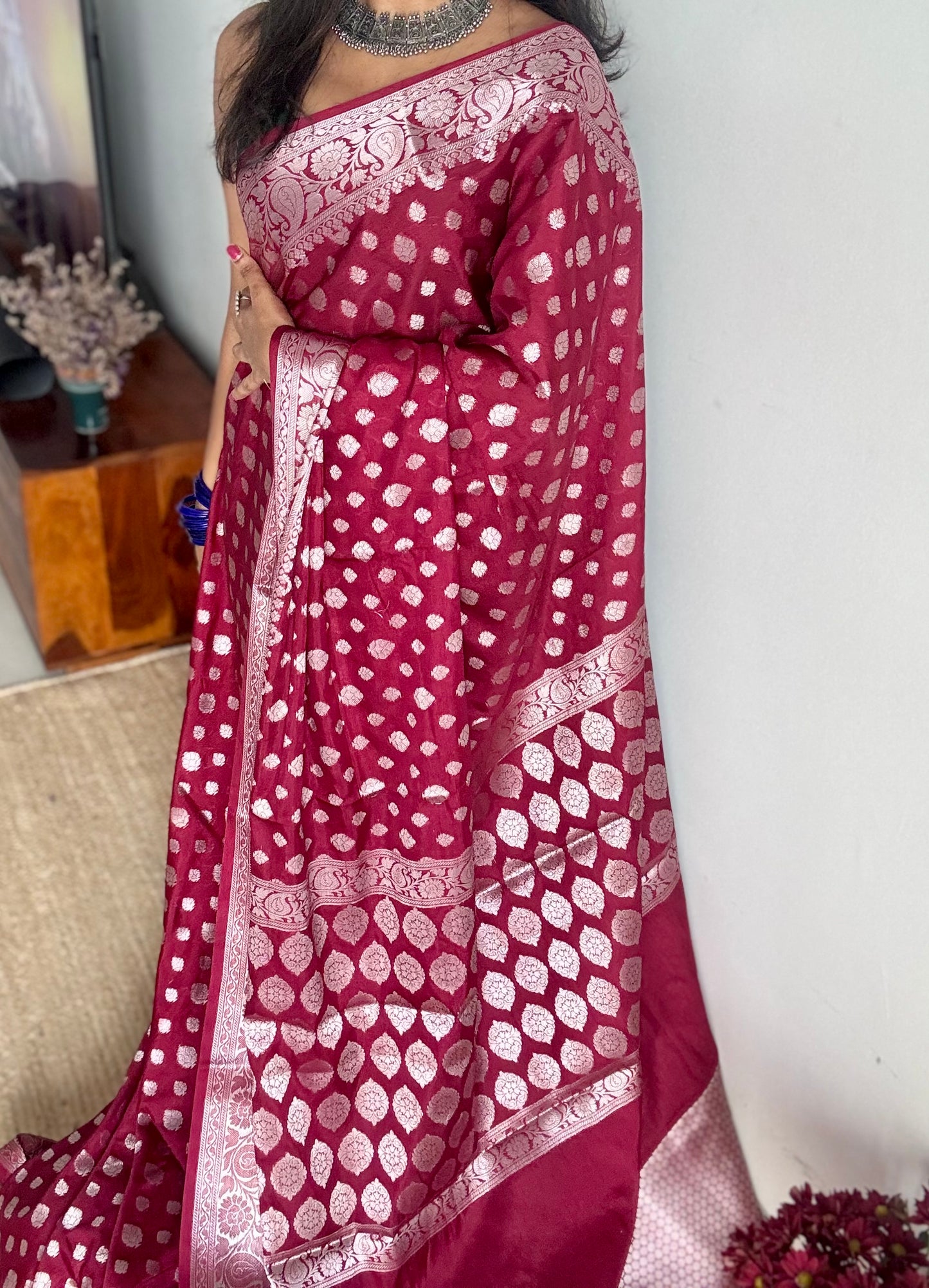 Maroon, silver buttas and zari, Banarasi semi-silk - YCDESE39
