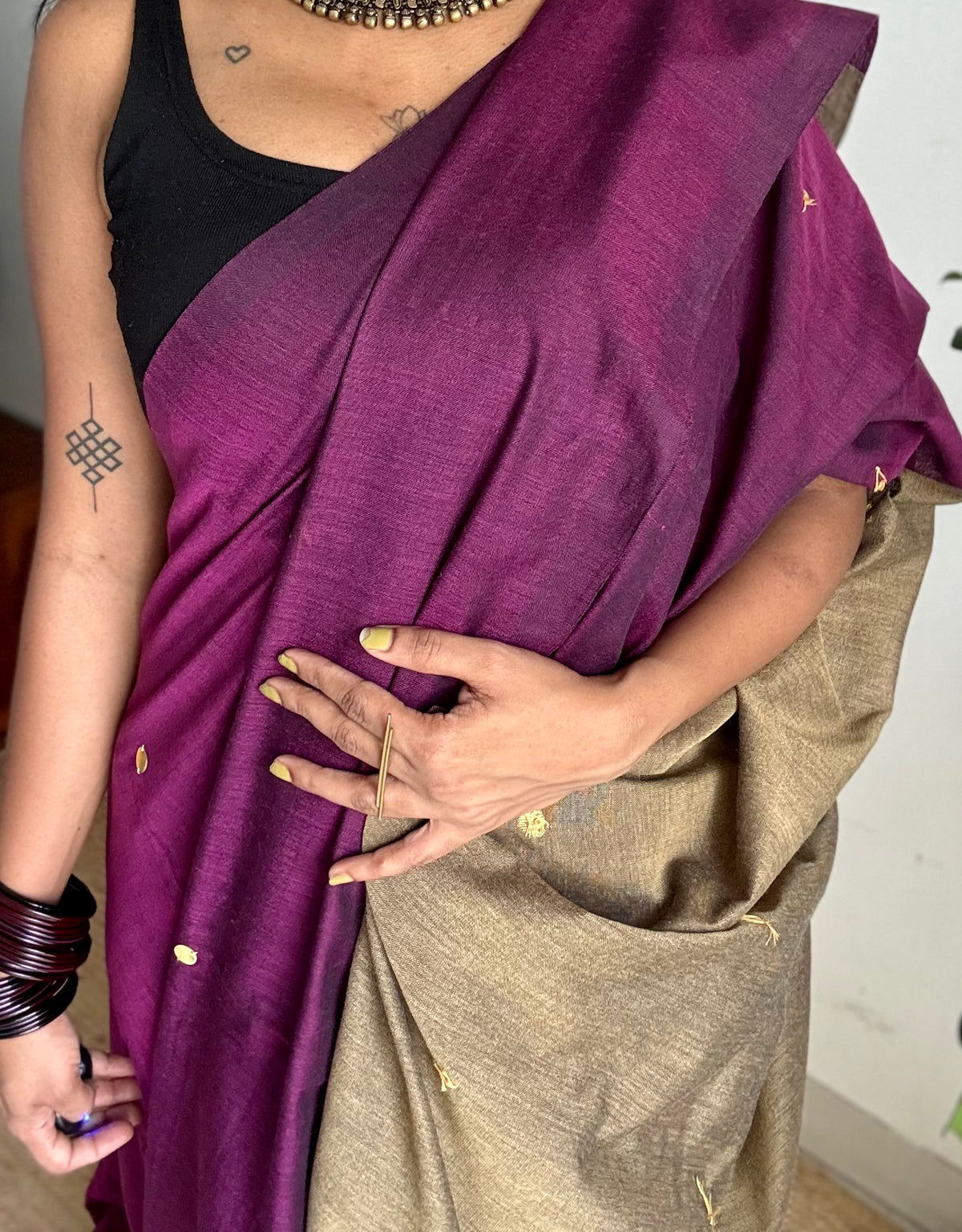 Wine with warm grey contrast pallu, gini sequins, soft cotton saree - YCBCSCOC02