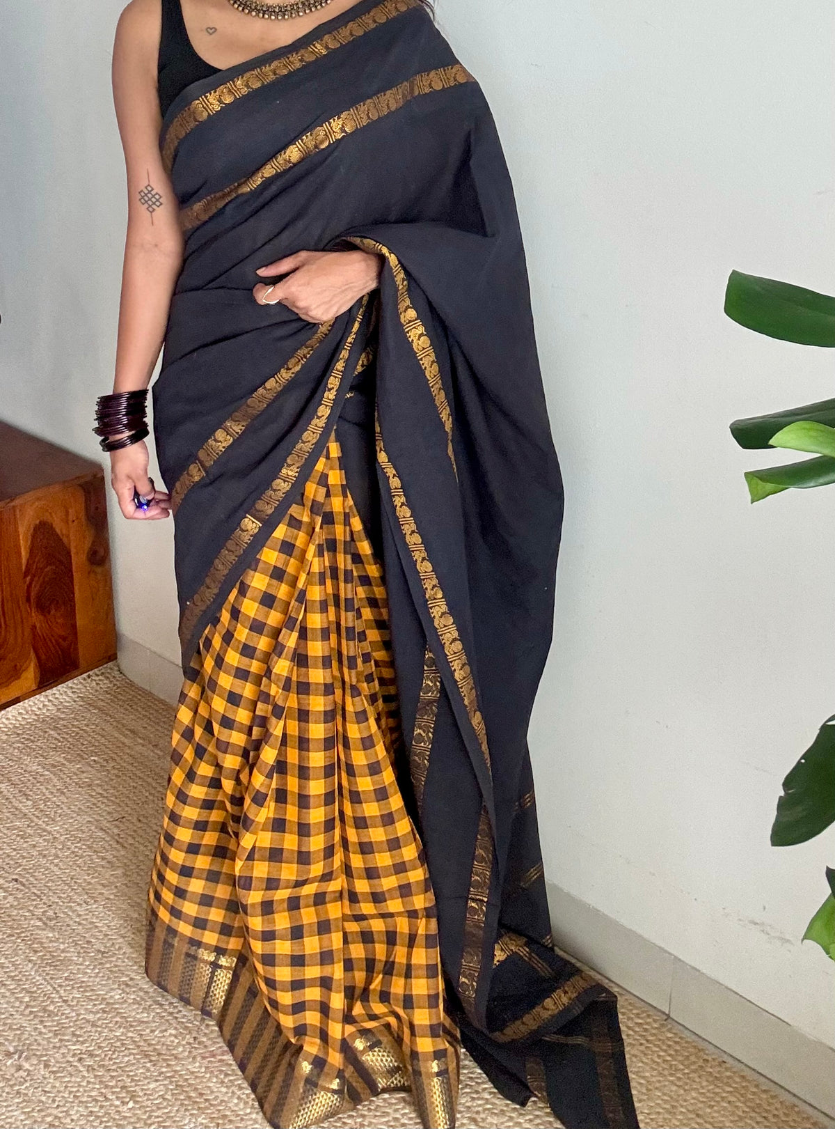 Black with yellow and black checks, sungudi and chettinad cotton half-half saree - YCCOTNIDOC30