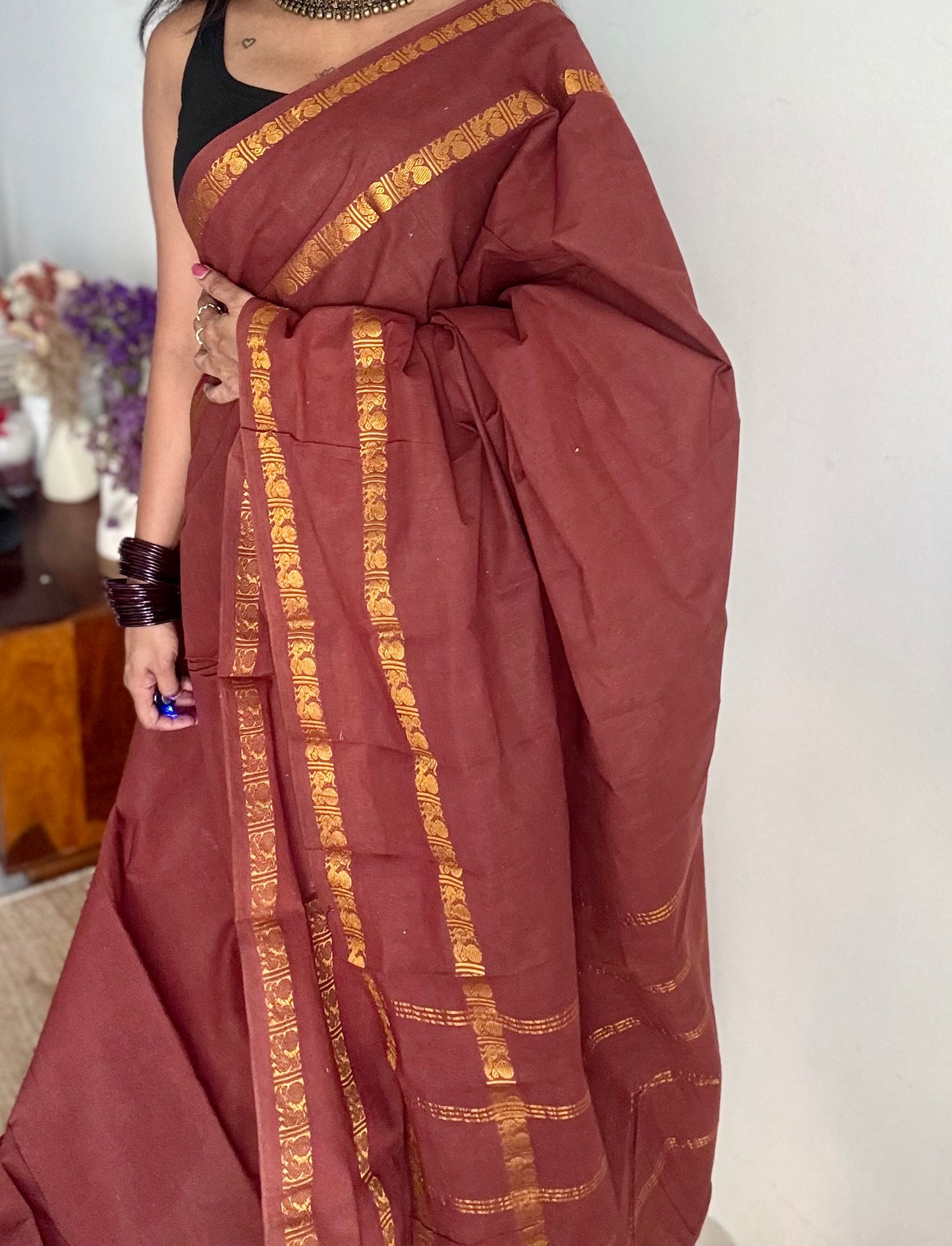 Brown rettaipettu peacock gap border, kattuchayam dyed madurai cotton saree  - YCCOTNMSAP96