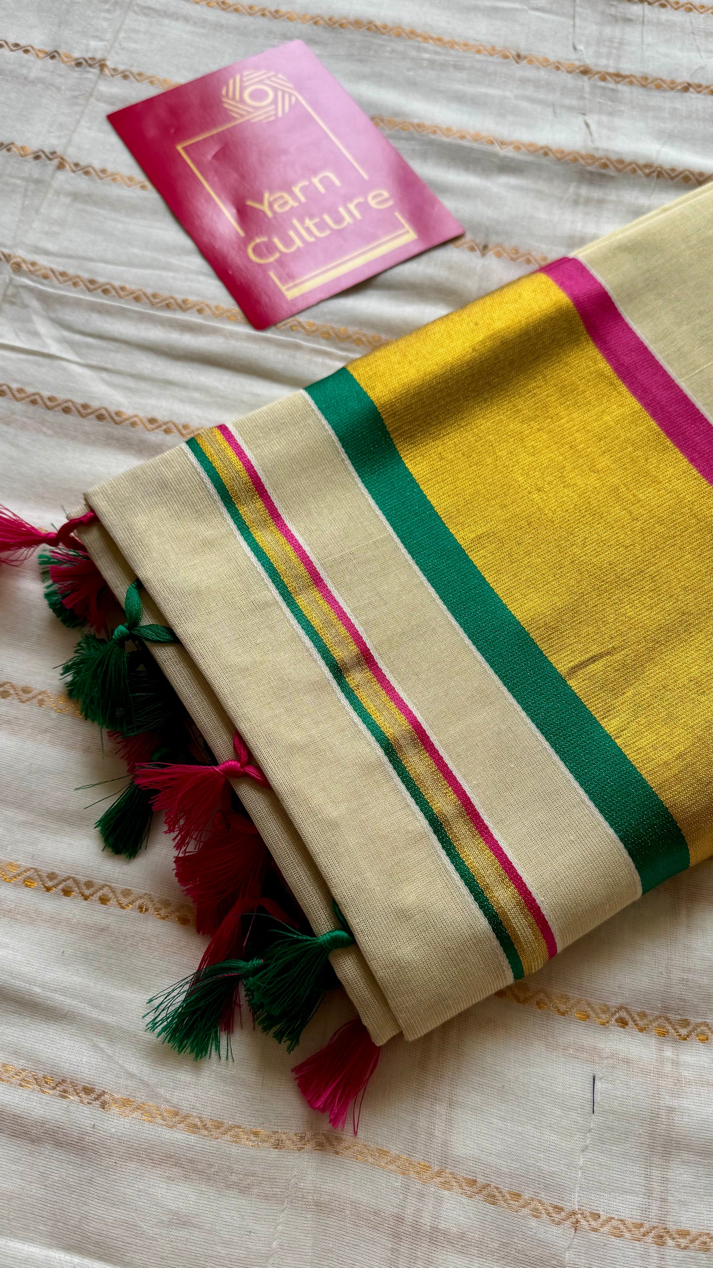 Ivory and gold soft tissue cotton saree, pink and green, checkered border - YCIEON77